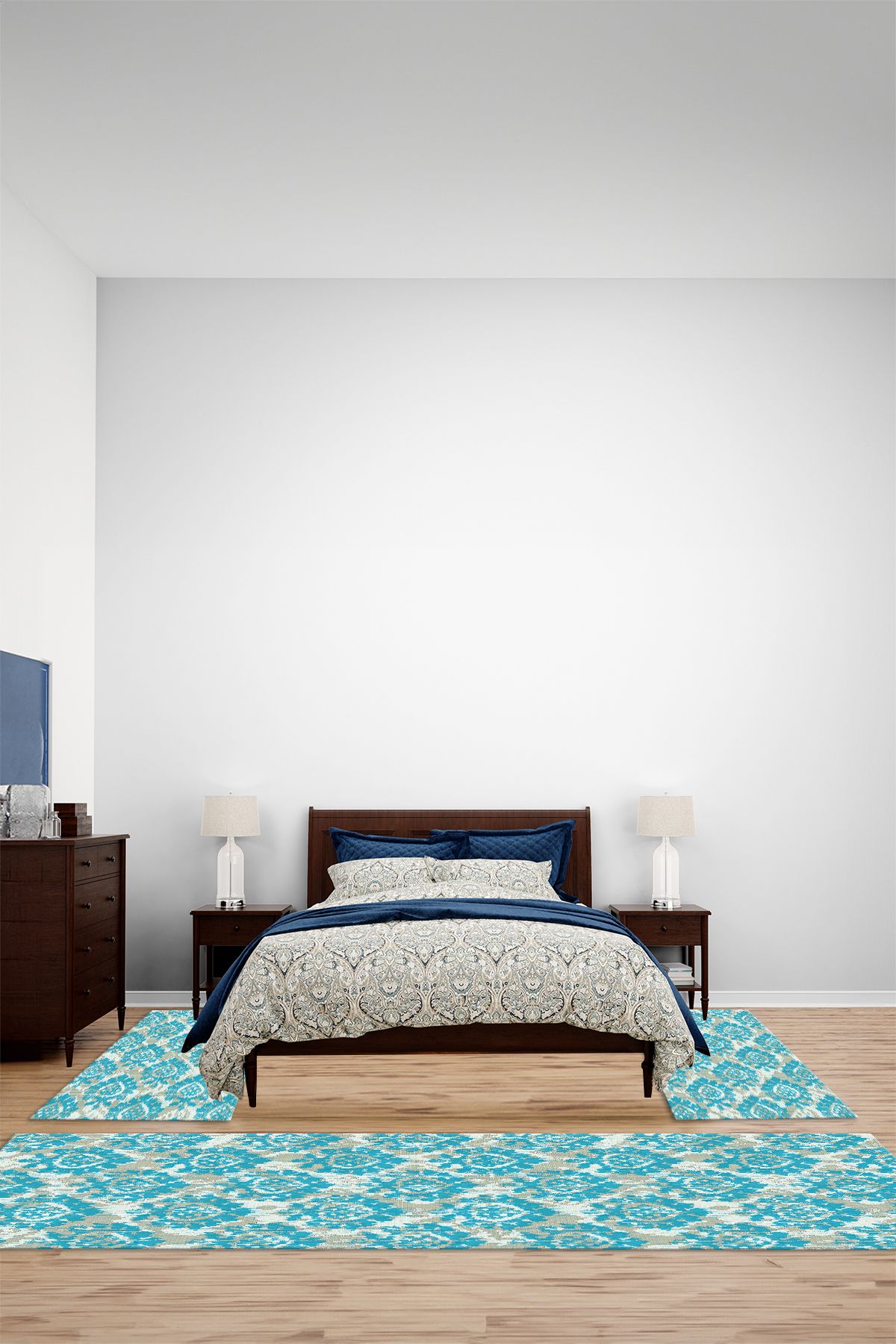 Viyana Home Modern Dijital Kaymaz Taban Klasik Desen Yıkanabilir Üçlü Yatak Odası Halısı, YO-MODERN-251-TURKUAZ,