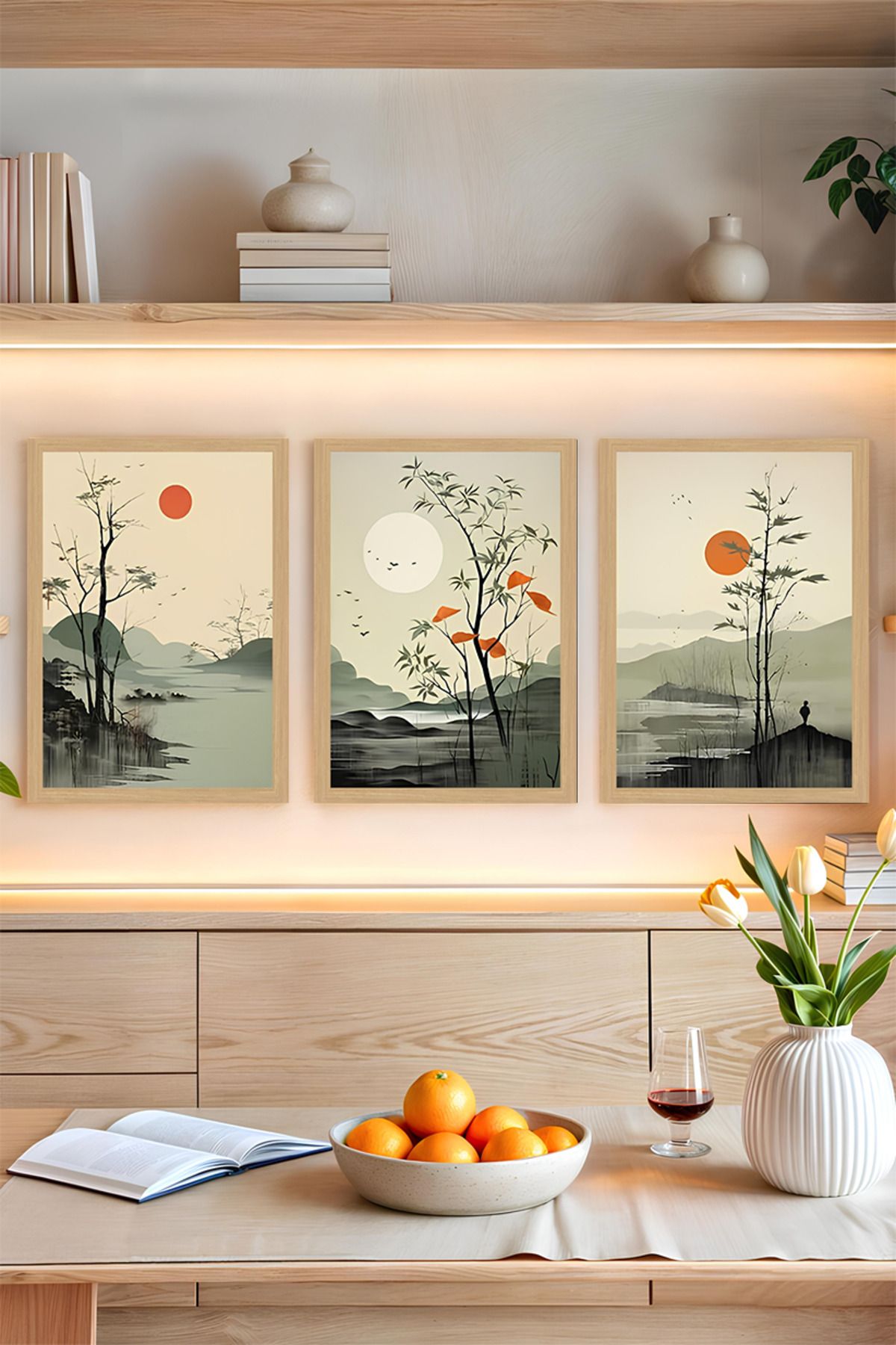kutuTR 🌅 Uzak Doğu Esintili 3’lü Manzara Tablo Seti – Zen Ruhunu Duvarlarınıza Taşıyın CRVS1033