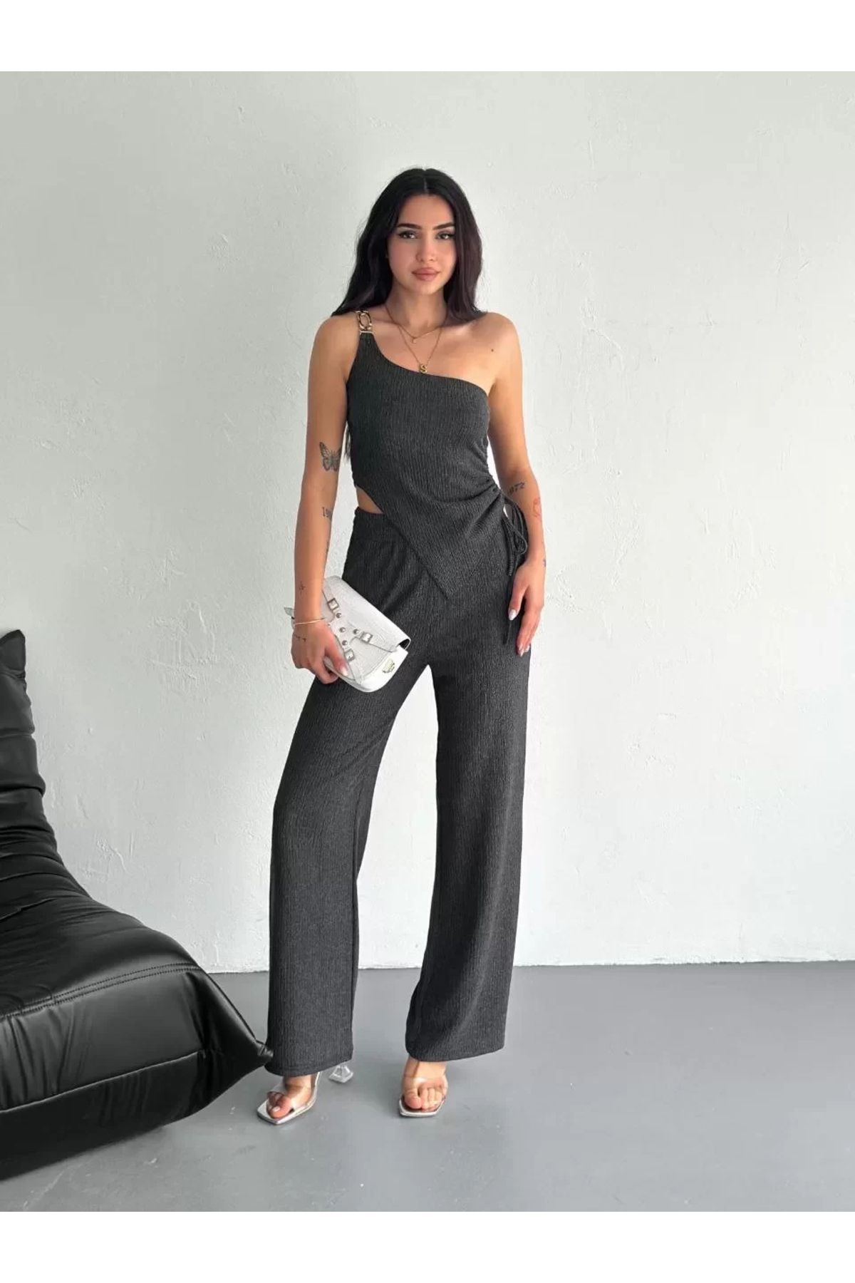 AE Stil Asimetrik Crop Pantalon ikili Takım - Füme