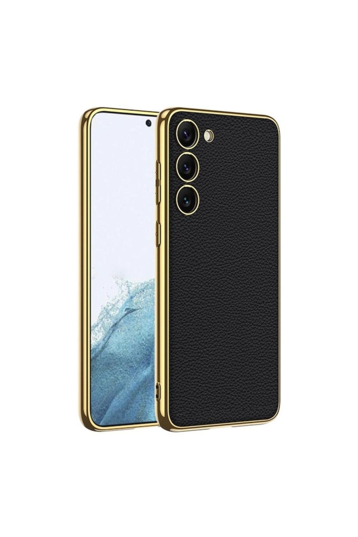 Megafox Teknoloji Samsung Galaxy S23 Uyumlu Kılıf Deri Görünümlü Kenarları Elektroplating Kaplama Fizyon Kapak