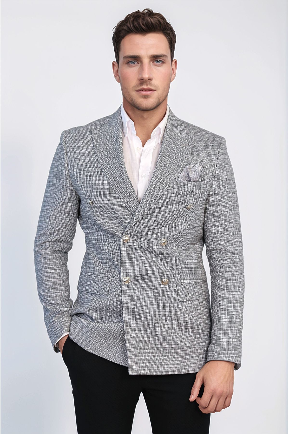 Wessi Siyah Pötikare Desenli Gümüş Rengi Metal Düğmeli Slim Fit Kruvaze Blazer – Wessi