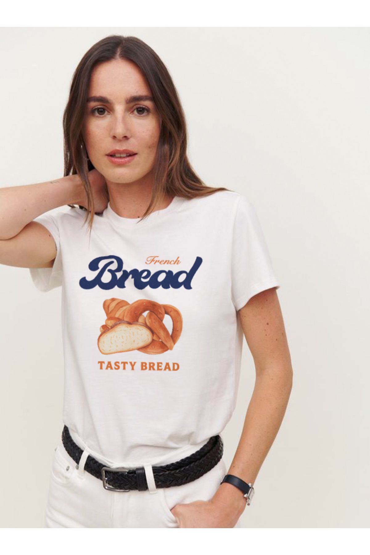 Disante French Bread Baskılı Bisiklet Yaka Basic Trend Kadın T-shirt
