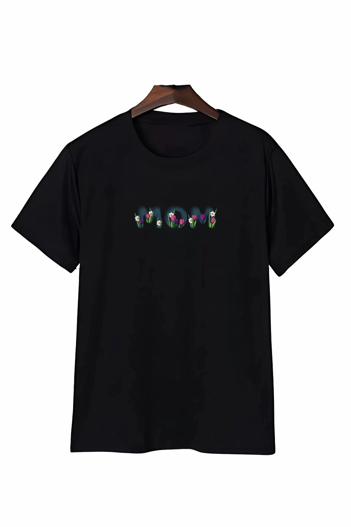 AE Stil Anneler Gününe Özel Tasarım mom Çiçek Baskılı T-shirt - Siyah