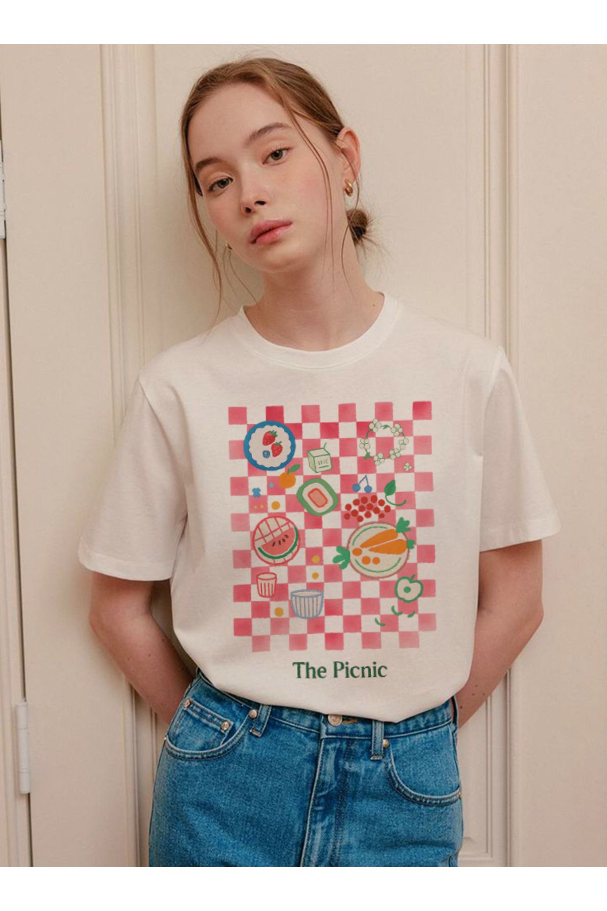 Disante The Picnik Baskılı Bisiklet Yaka Basic Trend Kadın T-shirt