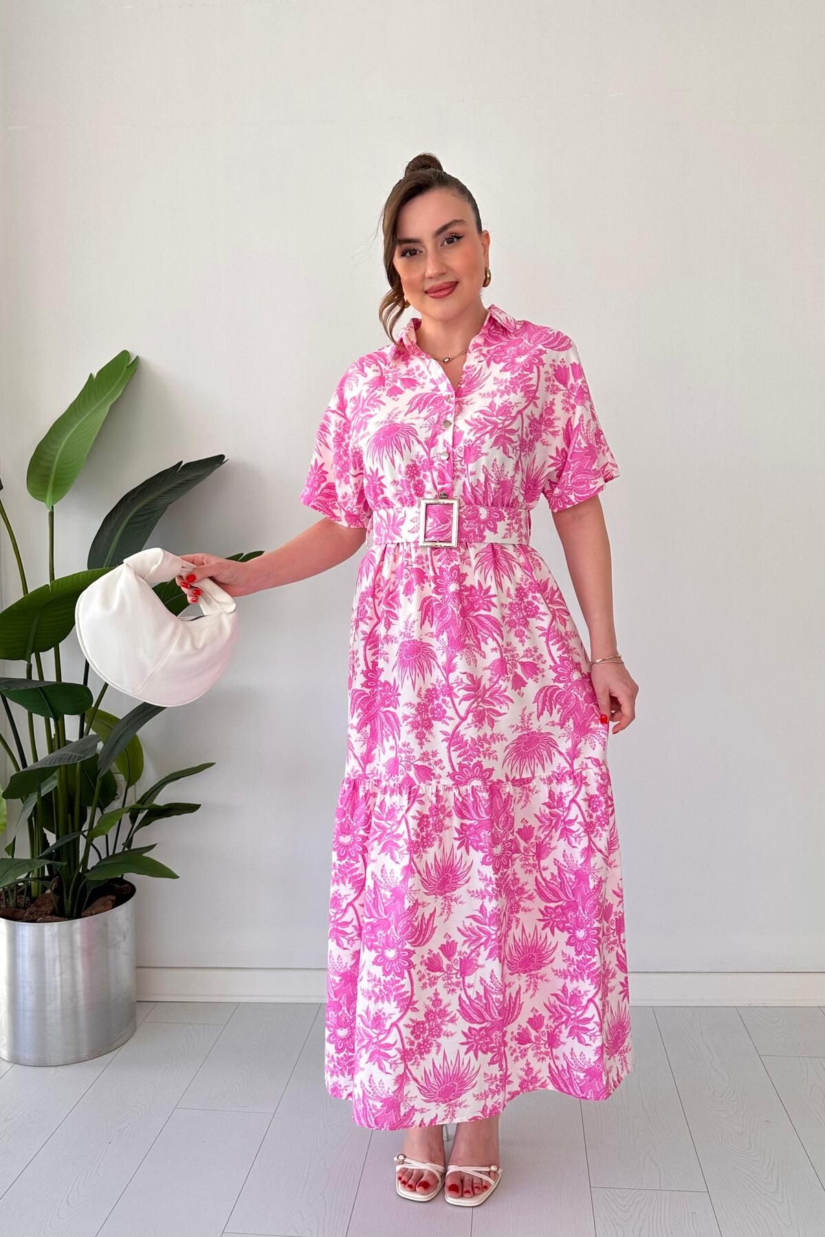 MaziButik Kemerli Floral Elbise Pembe