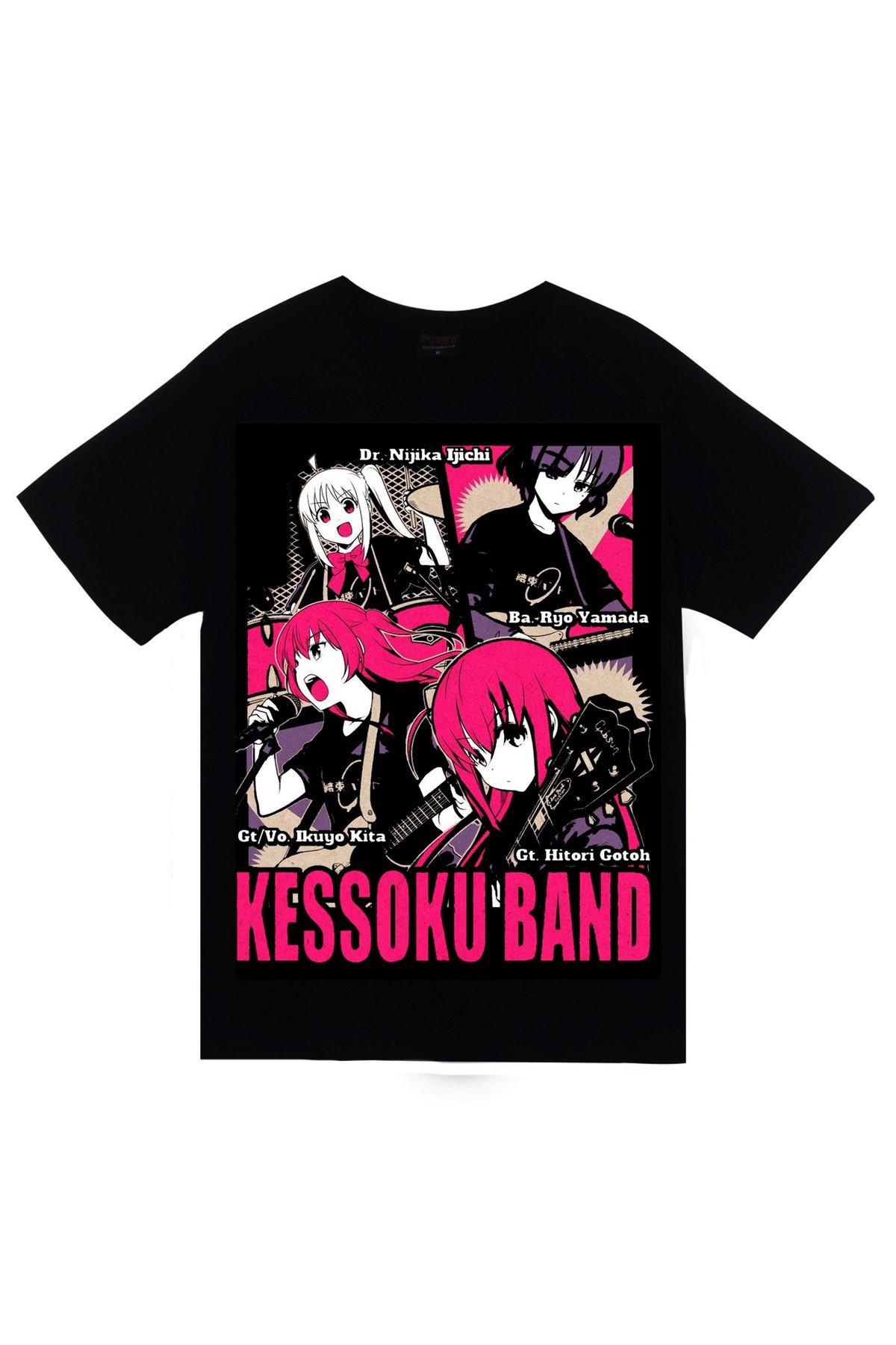fame-stoned Bocchi the Rock Kessoku Band Anime Baskılı Unisex %100 Pamuk Siyah T-shirt