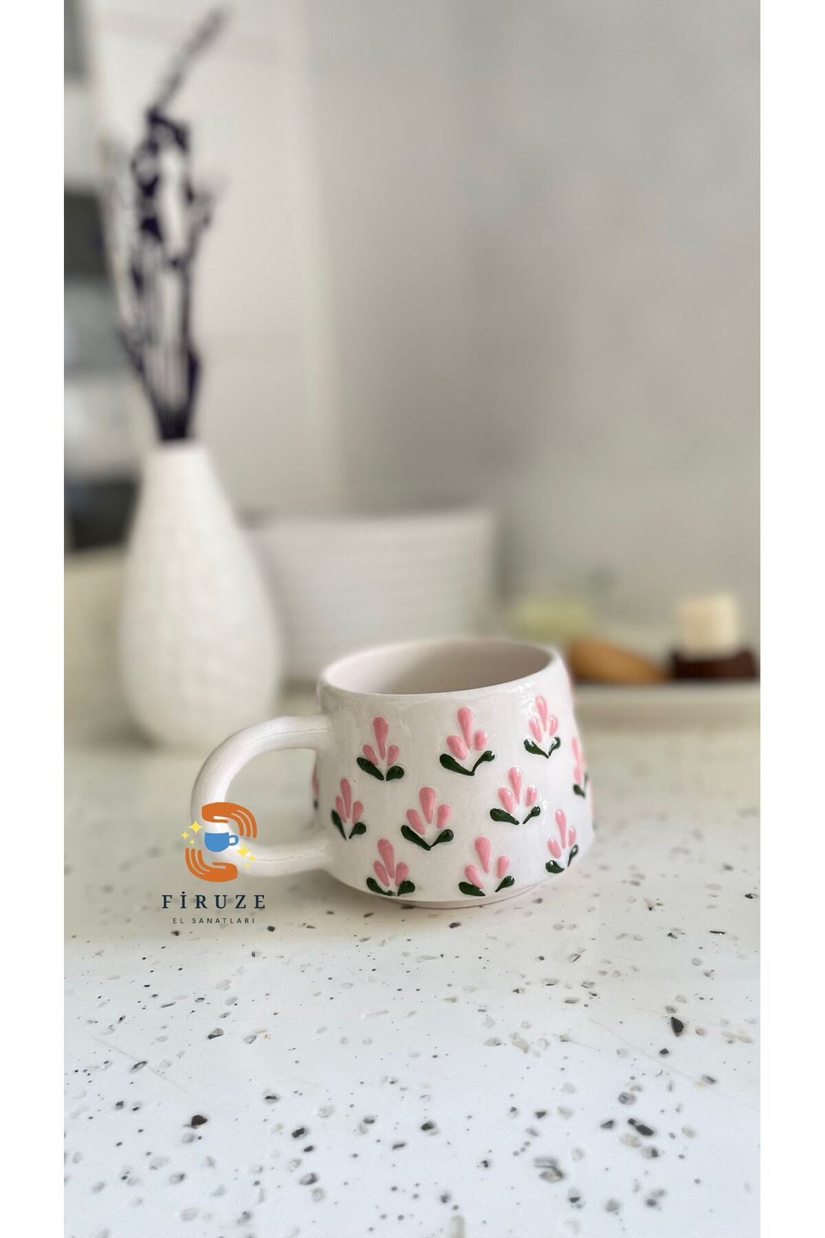 Firuze el sanatları Pembe Damla Desenli El Dekoru Seramik Kupa