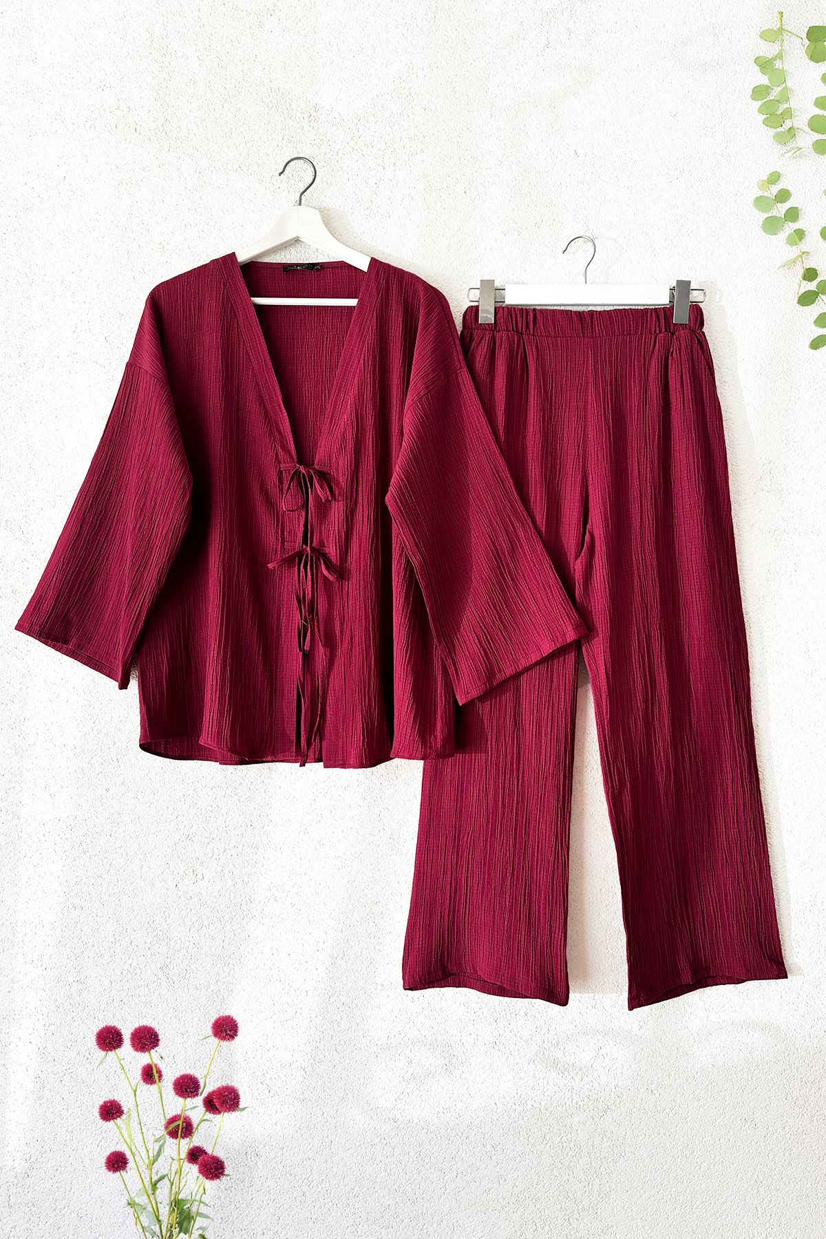 MODAQU Önü İp Bağcıklı Krinkıl Kimono Pantolon İkili Takım - Bordo