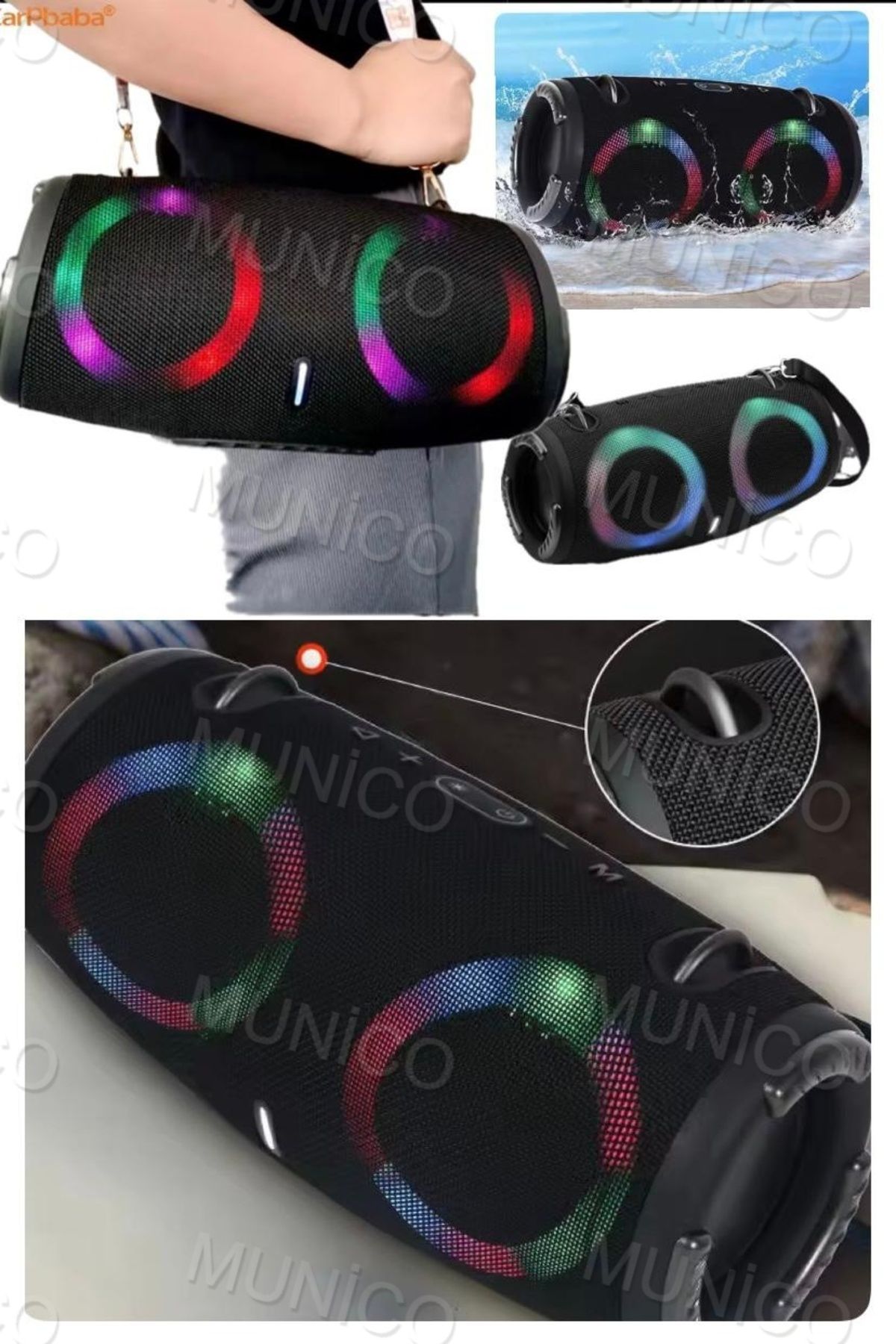 Munico Su Geçirmez Kablosuz Bluetooth Hoparlör, Taşınabilir Subwoofer Outdoor Ses Sistemi, RGB LIGHT