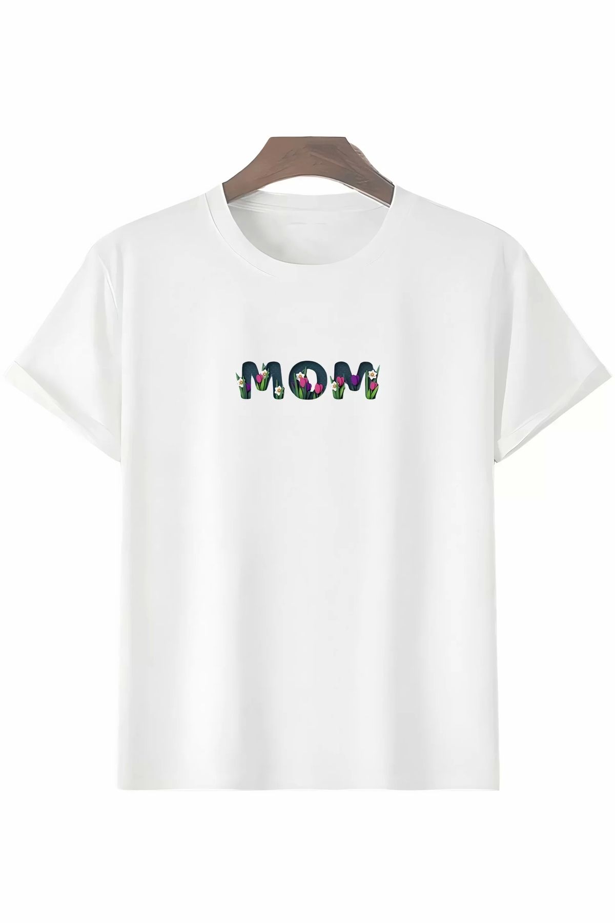 AE Stil Anneler Gününe Özel Tasarım mom Çiçek Baskılı T-shirt - Beyaz