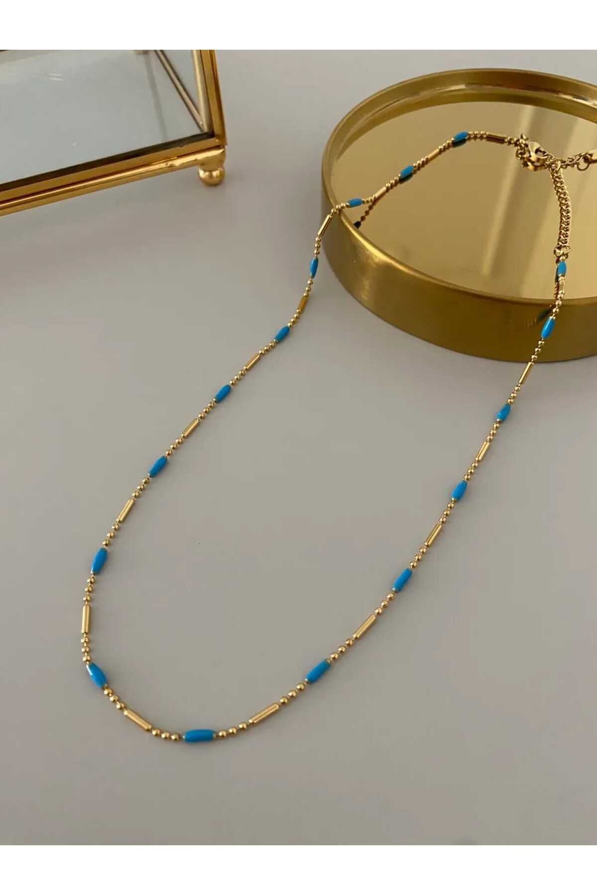 stainles steel Çelik Mavi Mineli Kadın Gold Çelik Kolye