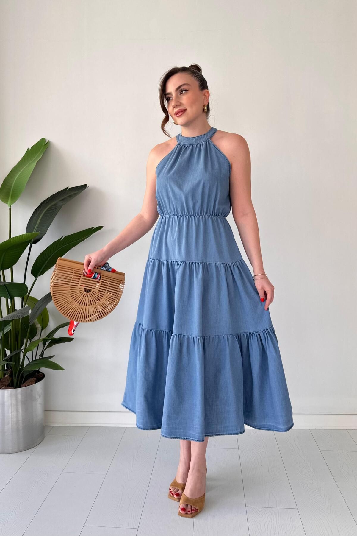 MaziButik Halter Denim Elbise Mavi