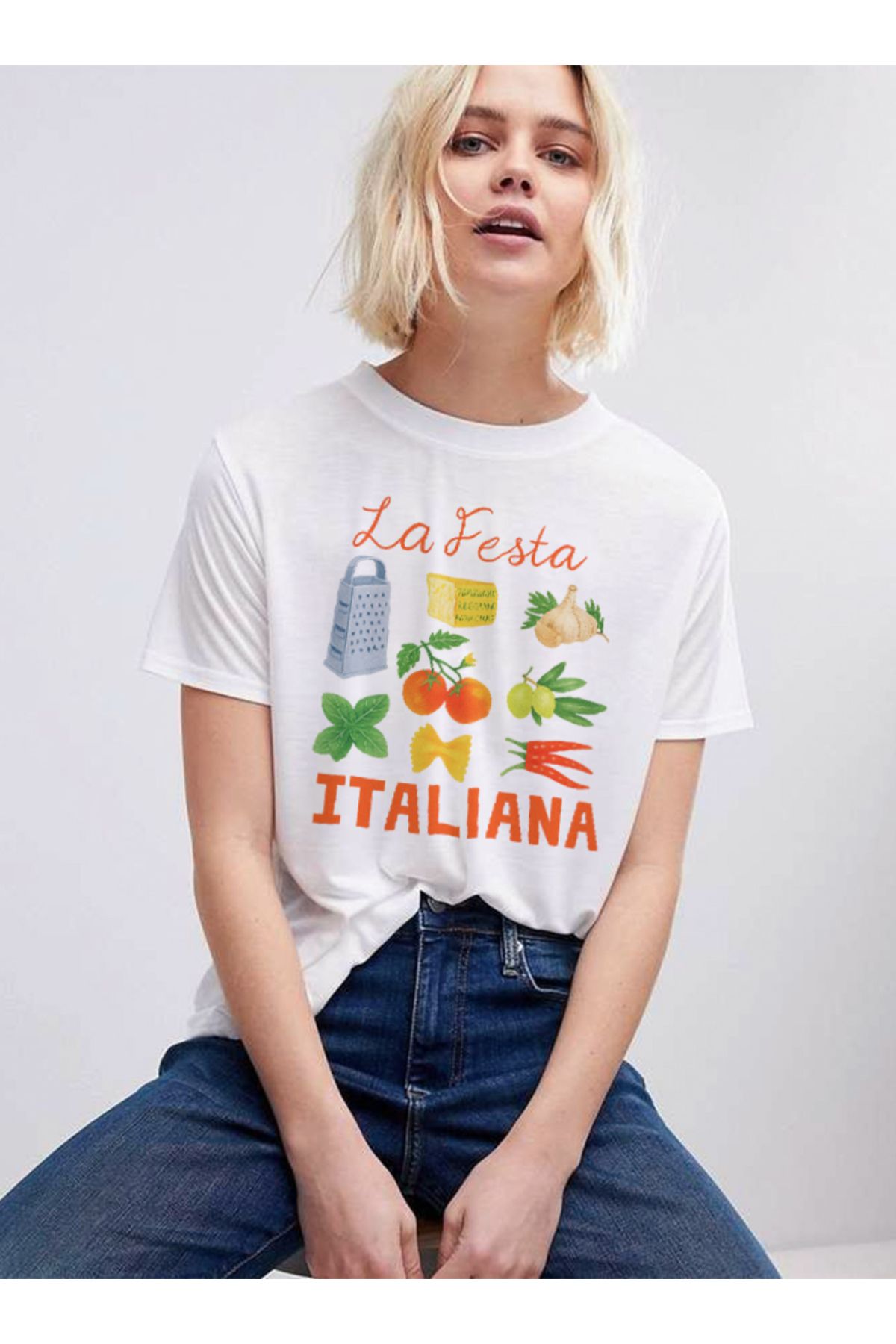 Disante La Festa Italiana Baskılı Bisiklet Yaka Basic Trend Kadın T-shirt