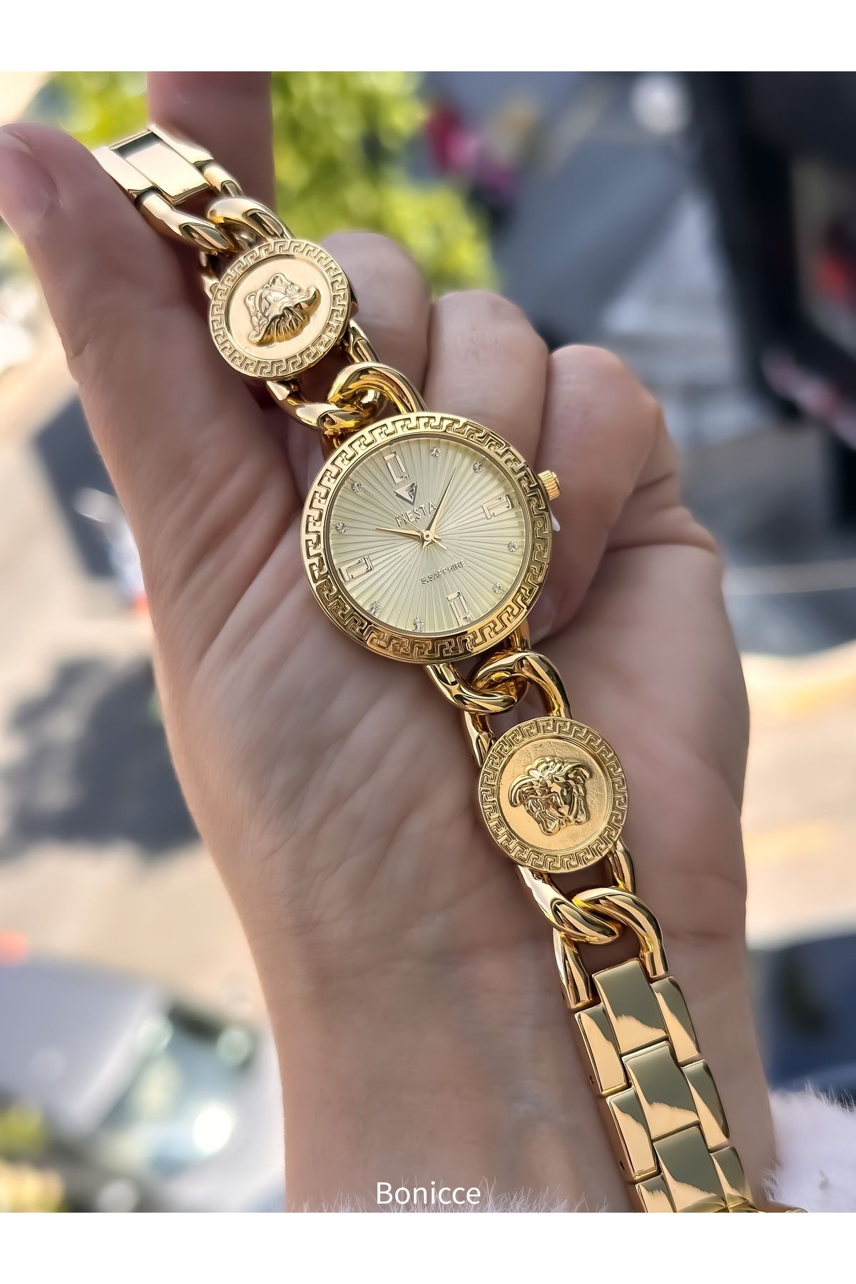 Fiesta Zincir ÇELİK Kordon, Sarı Gold ,Düğün, Nişan , Gelin Saati Kadın Saat Bileklik Hediyeli