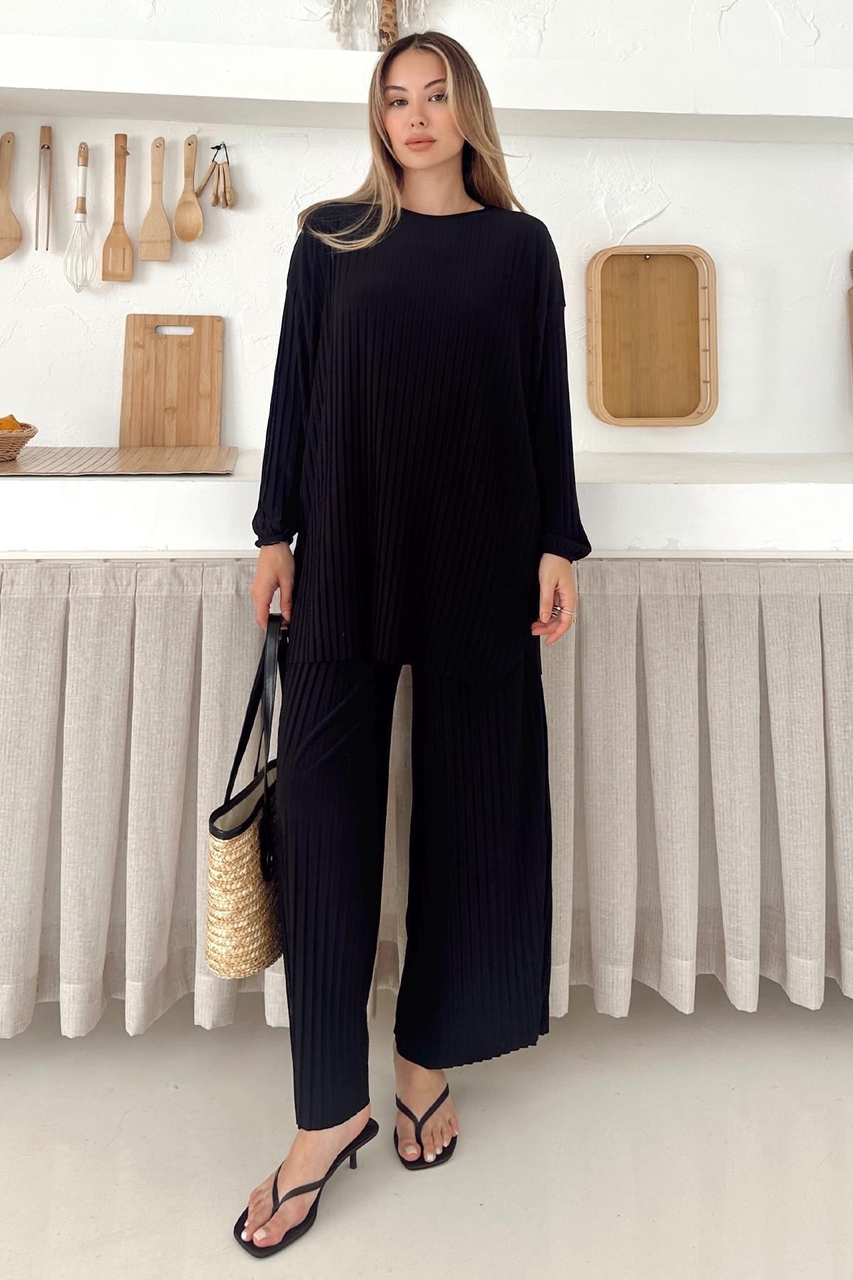 Olcay Sandy Kumaş Pliseli Tunik Pantolon İkili Takım SİYAH 9361-TK
