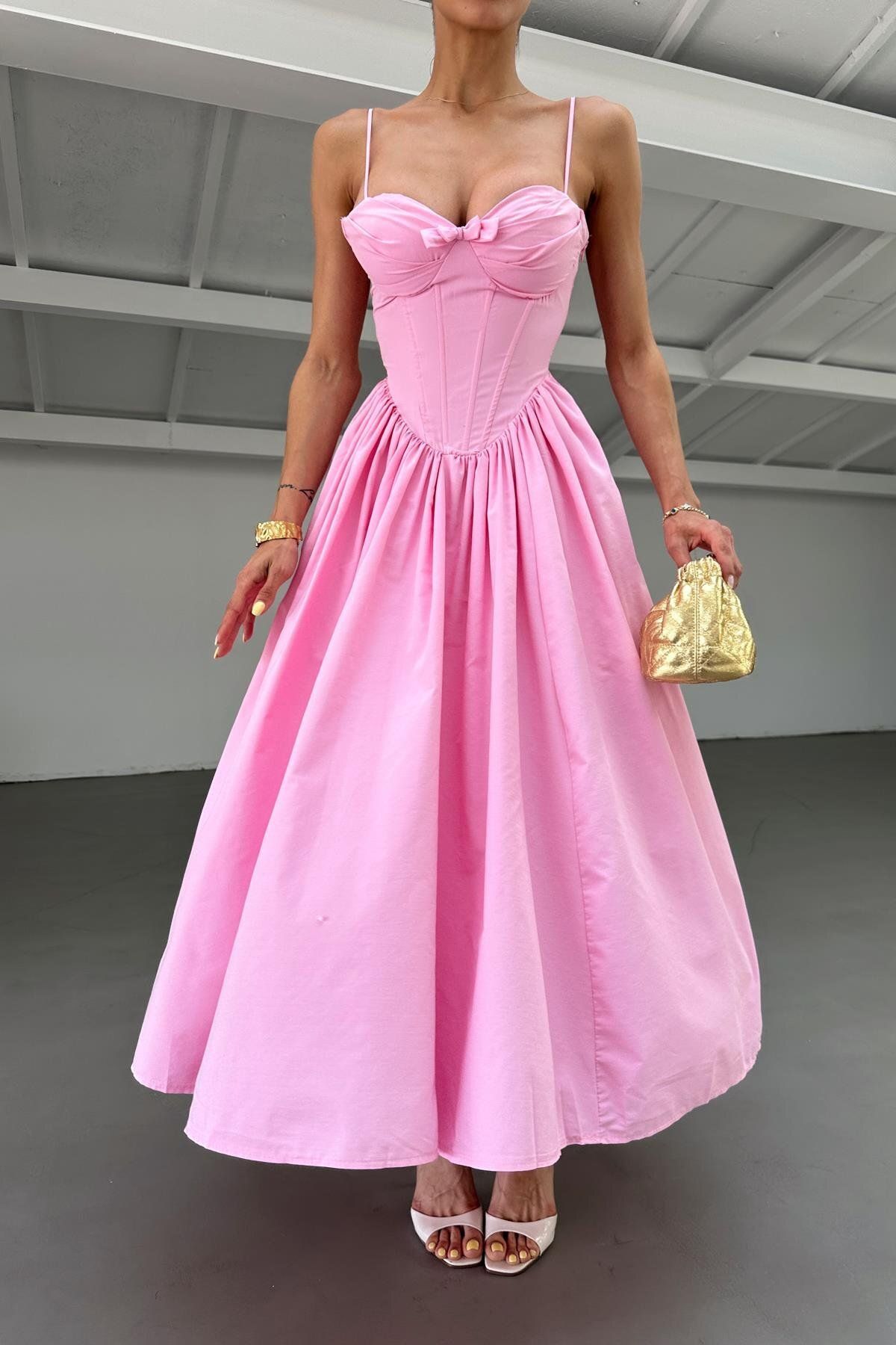 mylove Askılı Korse Detay Midi Elbise Pembe