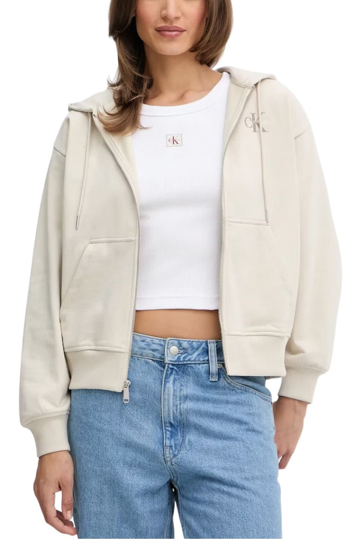 Calvin Klein Kadın Boyfriend Fit Kapüşonlu Fermuarlı Sweatshirt - Krem