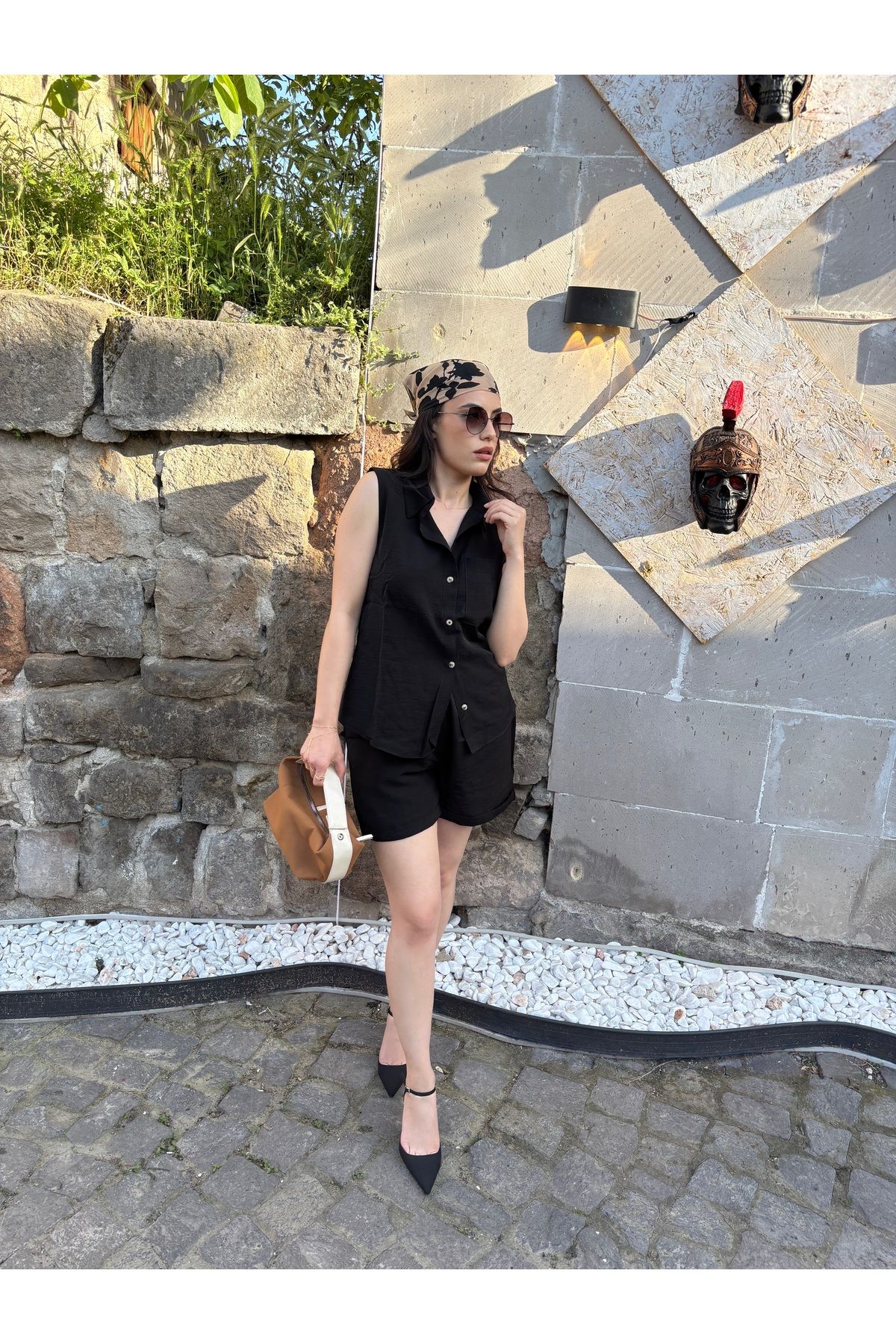 ESELAY Siyah Cepli Gömlek Şort Takım