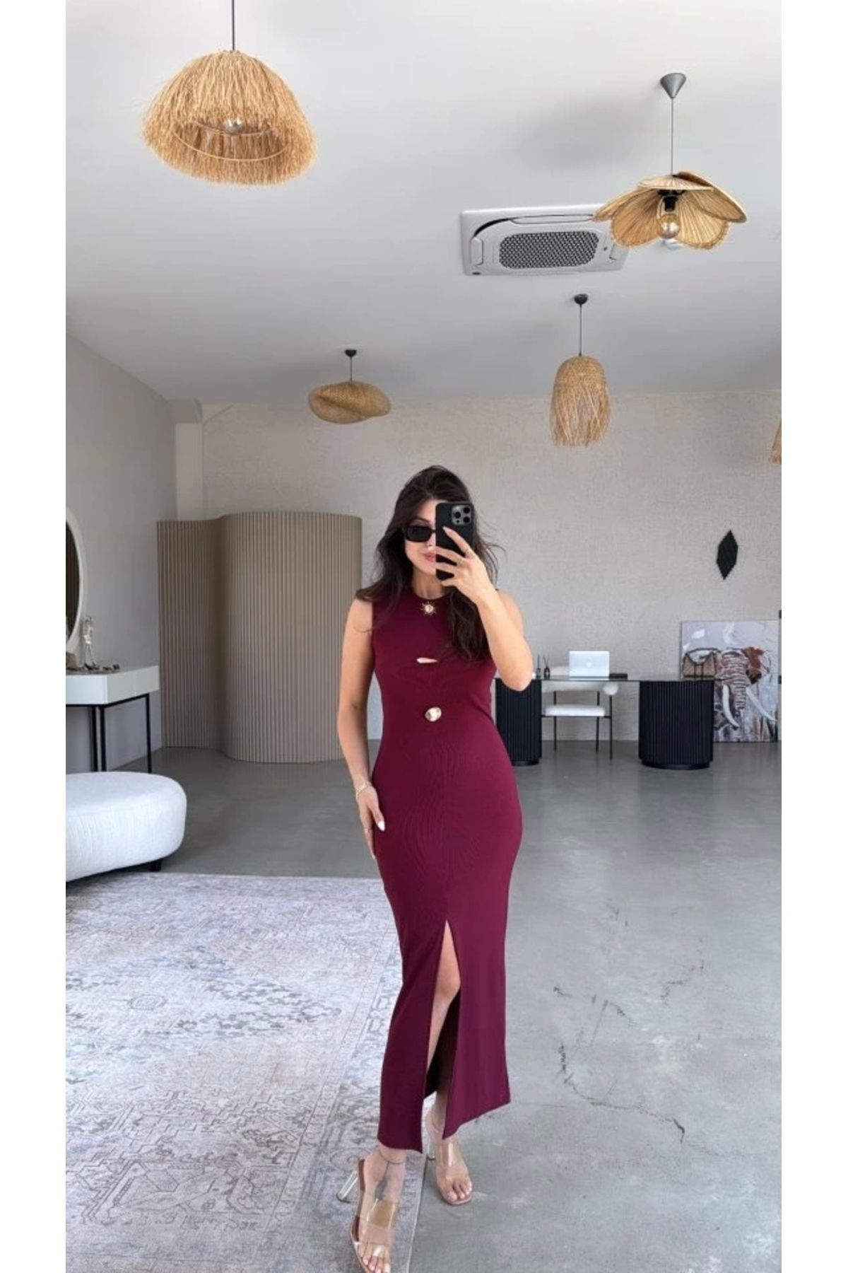 Butik Kadın Bisiklet Yaka Broş Detay Yırtmaçlı Maxi Boy Ottoman Elbise