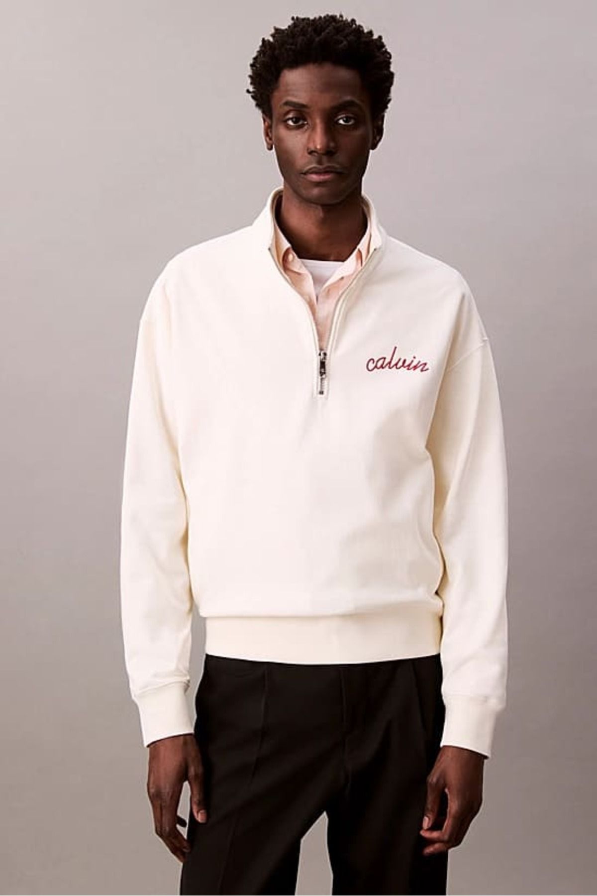 Calvin Klein Erkek Yarım Fermuarlı Yazı Logolu Sweatshirt - Krem