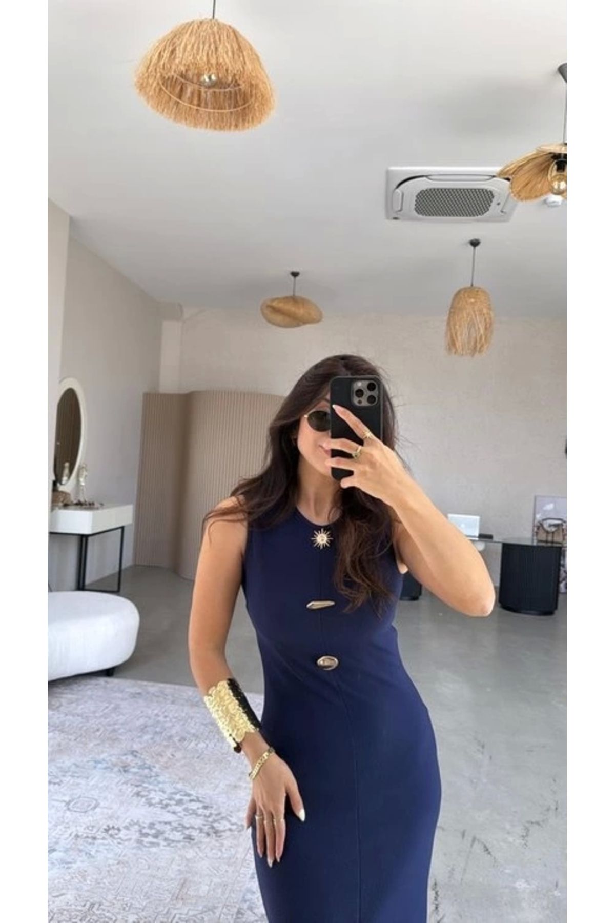 Butik Kadın Bisiklet Yaka Broş Detay Yırtmaçlı Maxi Boy Ottoman Elbise