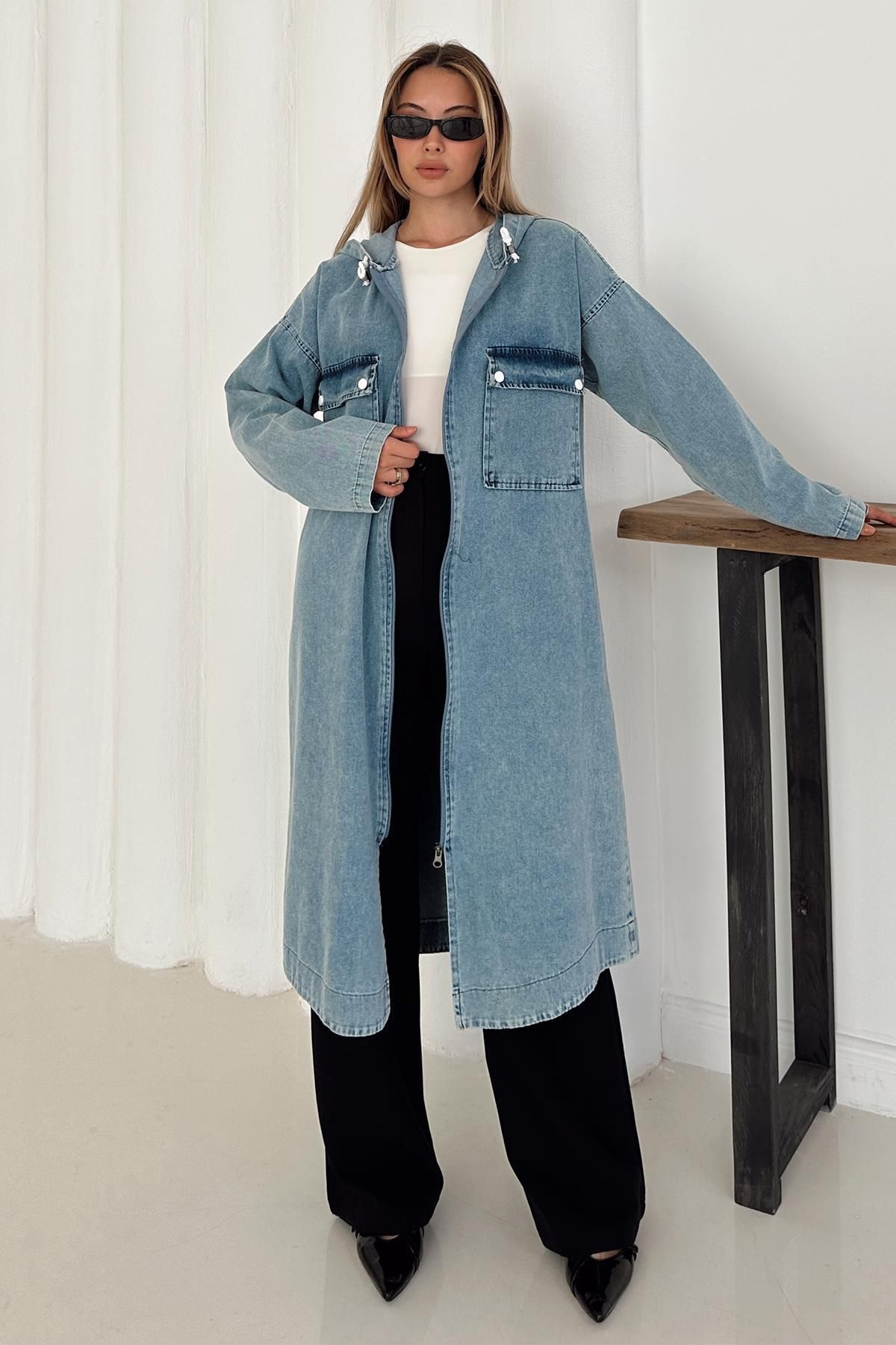 Olcay Cep Detaylı Kapüşonlu Salaş Denim Kap MAVİ 6771