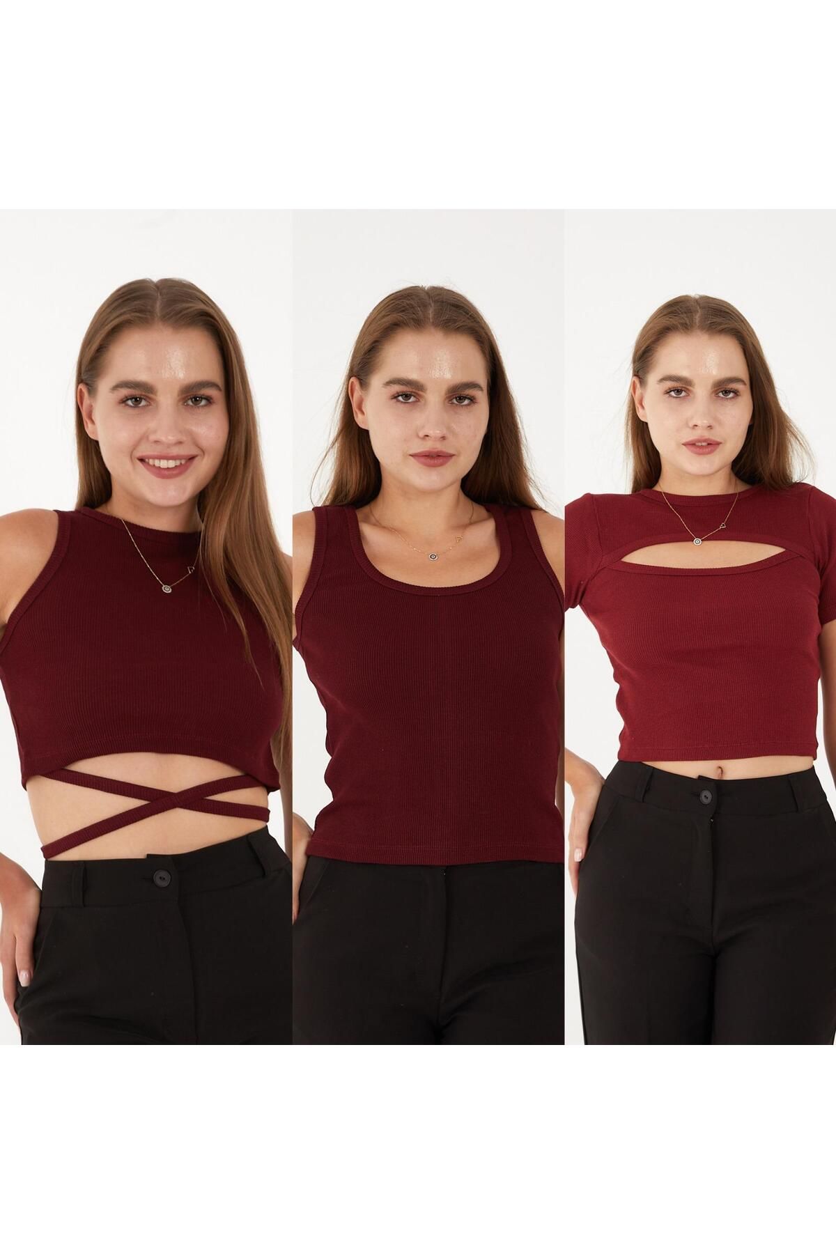 SWALORA 3'lü Takım Fitilli Pamuklu Mix Bluz, T-Shirt, Crop Seti