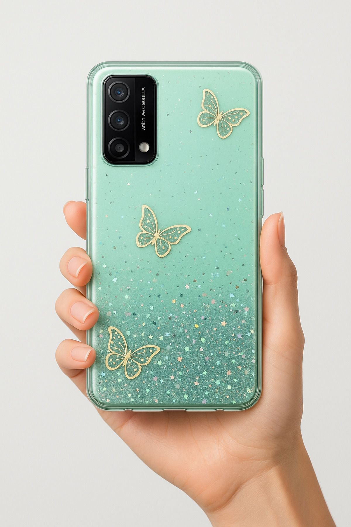 Rivor Oppo A74 Uyumlu Kılıf Kamera Çıkıntılı Simli Kelebek Kabartmalı Desenli İnce Premium Kapak