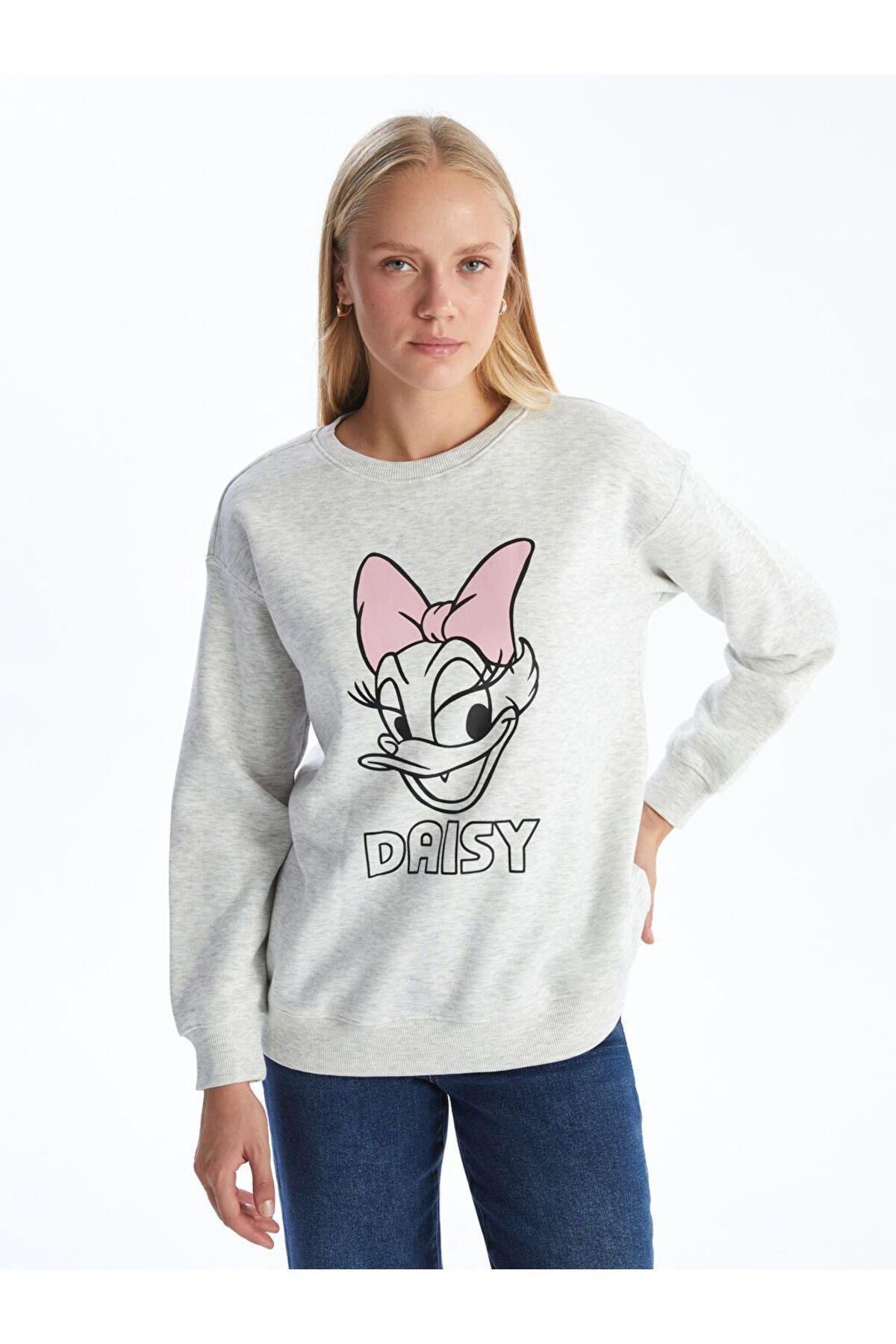 LC Waikiki Gri Bisiklet Yaka Daisy Duck Baskılı Kadın Kalın Sweatshirt
