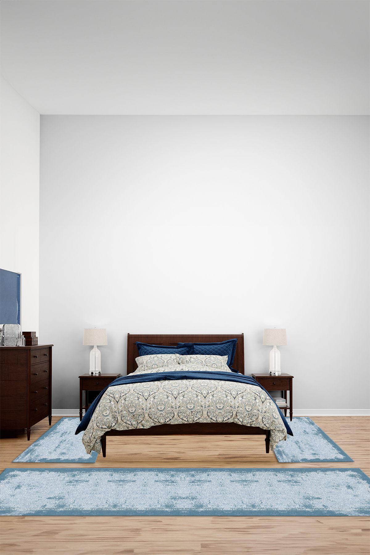Viyana Home Dijital Kaymaz Taban Yıkanabilir Sade Vektörel Desenli Üçlü Yatak Odası Halısı, YO-SADE-118-MAVİ,