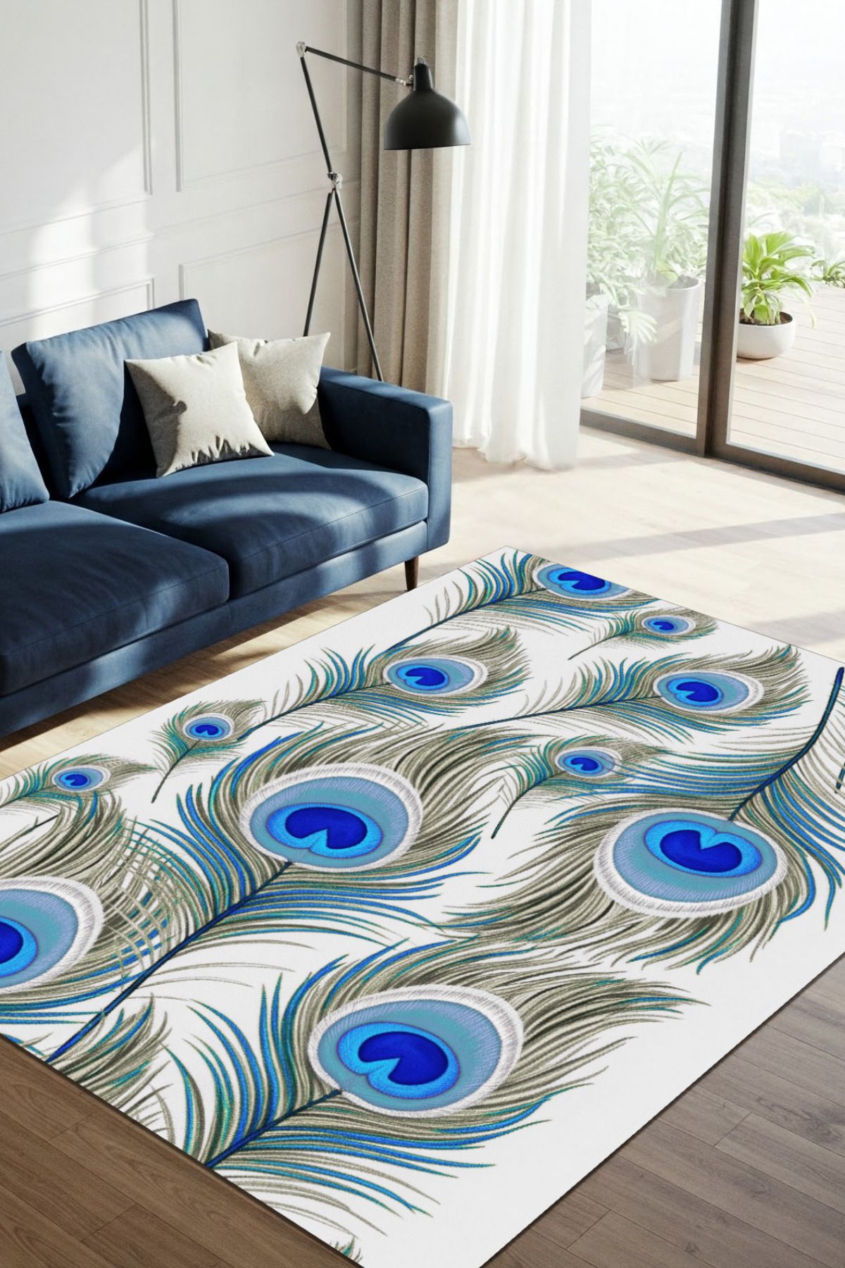 The Reef Design Tavus kuşu Tüy Desenli Mavi Dijital Baskılı Dokuma Kaymaz Tabanlı Yıkanabilir Salon Halısı