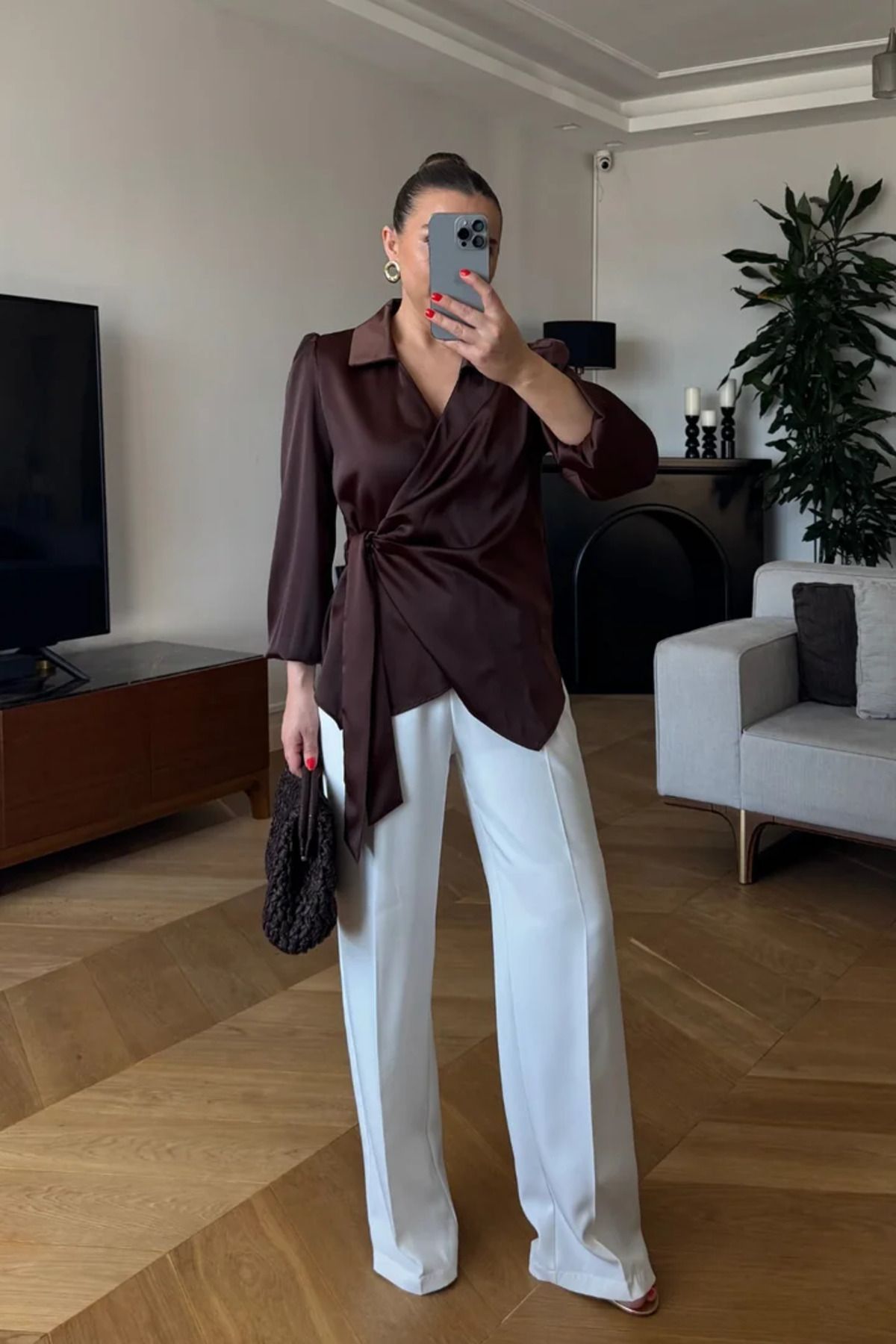 Tuba Butik Kruvaze Bağlamalı Saten Bluz