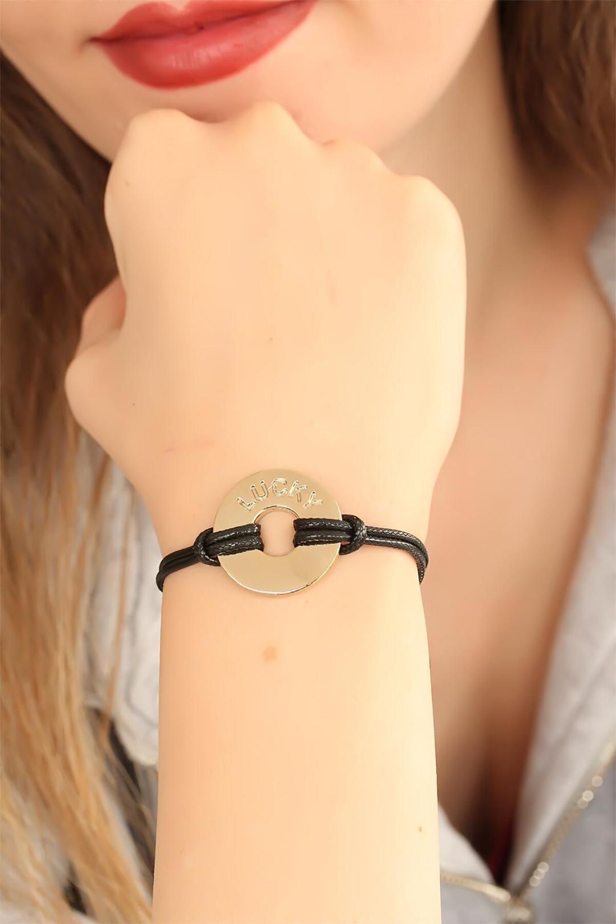 Toptan Bulurum LUCKY (Şanslı) Siyah Deri İpli Unisex Mood Bileklik