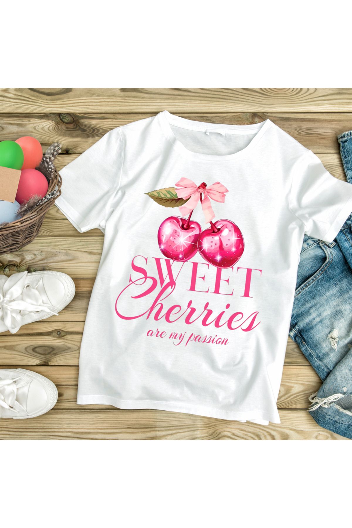 Viony Unisex Erkek/Kadın Sweet Cherriess Renkli Baskılı Oversize Pamuklu T-Shirt
