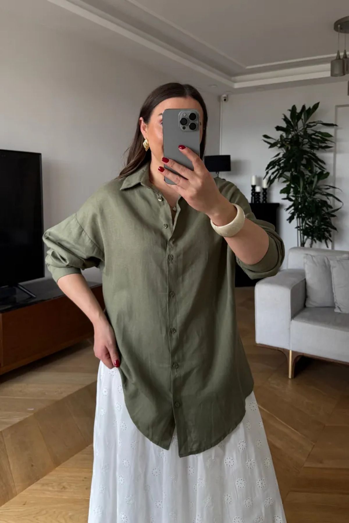 Tuba Butik Keten Uzun Kollu Kadın Gömlek