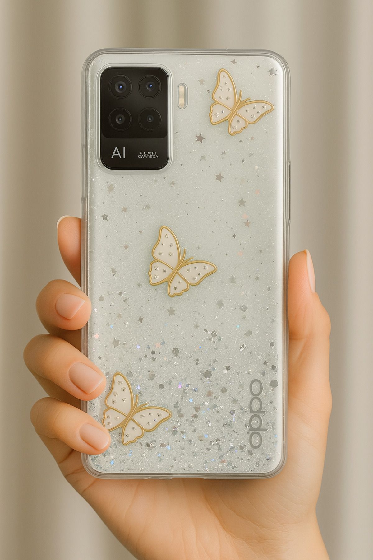 Rivor Oppo Reno 4 Lite Uyumlu Kılıf Kamera Çıkıntılı Simli Kelebek Kabartmalı Desenli İnce Premium Kapak