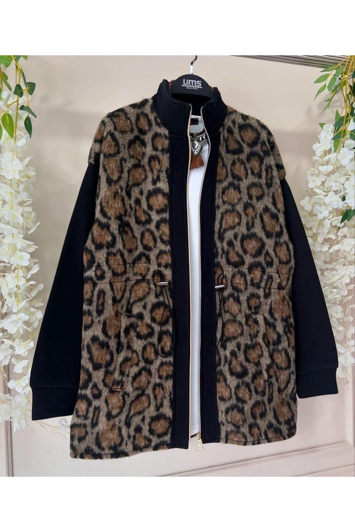 rengamoda Kadın Leopar Garnili Bağcıklı Yönlü Dokuma Kumaş Fermuarlı Ceket
