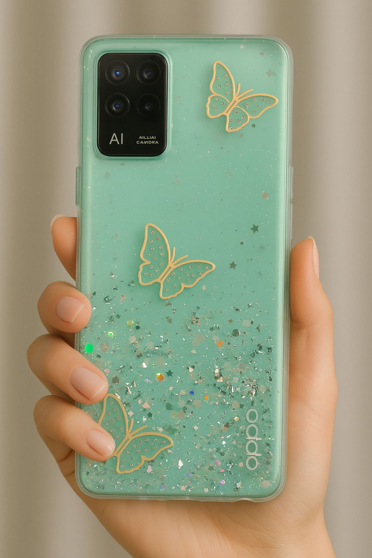 Rivor Oppo Reno 4 Lite Uyumlu Kılıf Kamera Çıkıntılı Simli Kelebek Kabartmalı Desenli İnce Premium Kapak