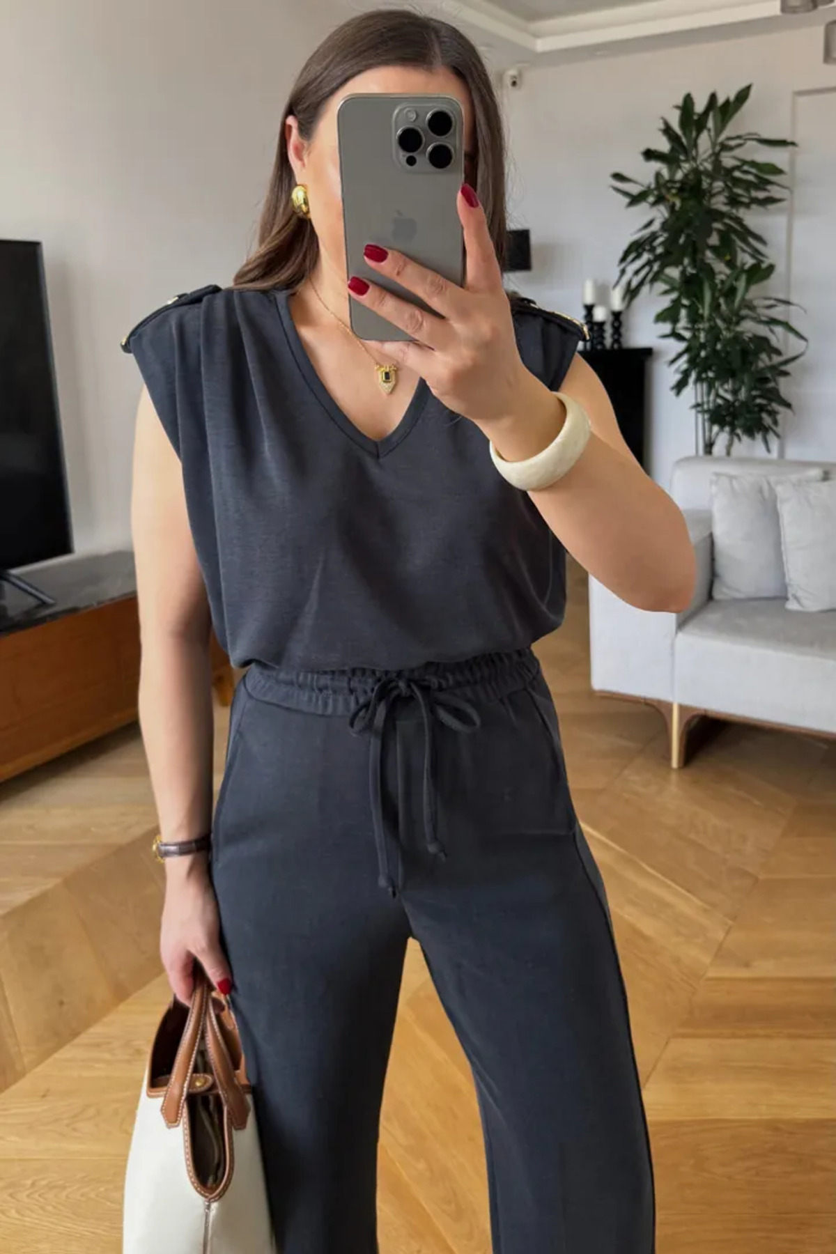 Tuba Butik-Modal V-Neck Double Women's Suit 4
