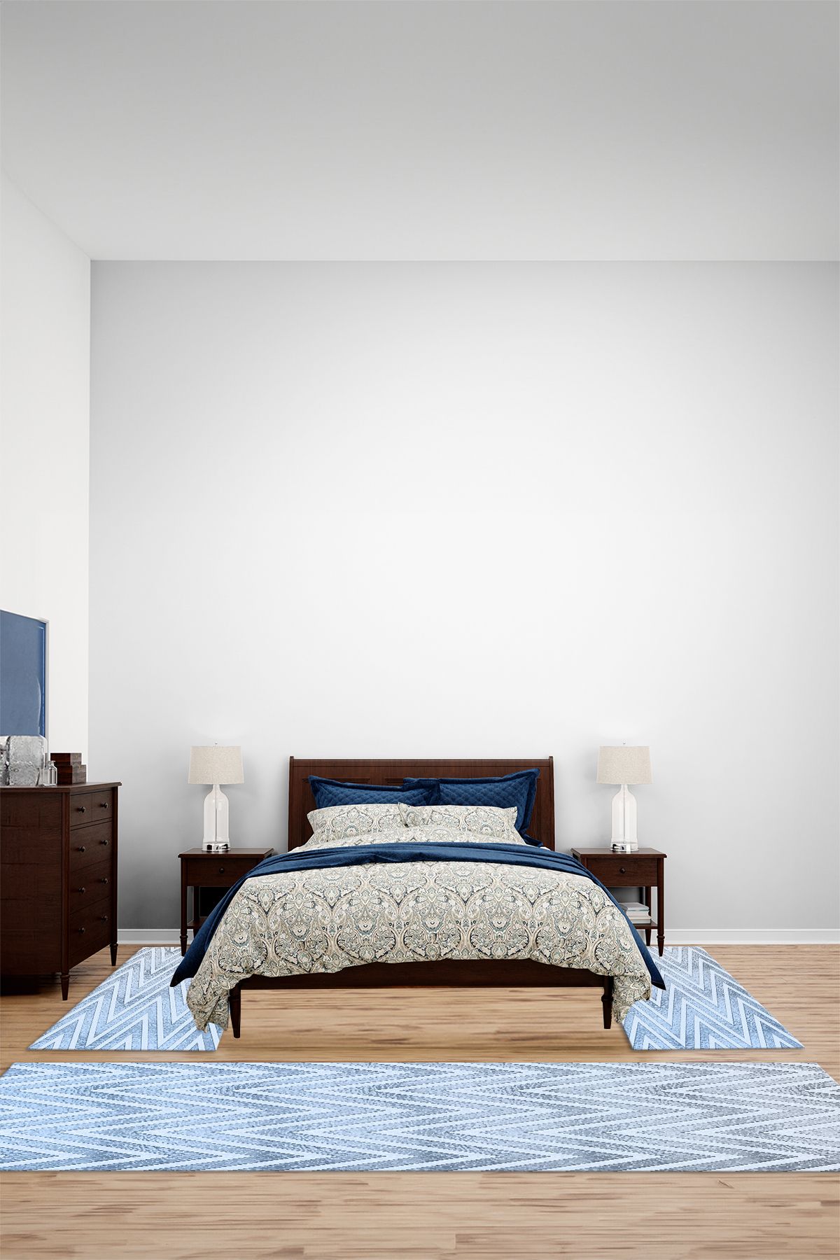 Viyana Home Dijital Kaymaz Taban Yıkanabilir Sade Zigzag Detaylı Üçlü Yatak Odası Halısı, YO-SADE-137-MAVİ,