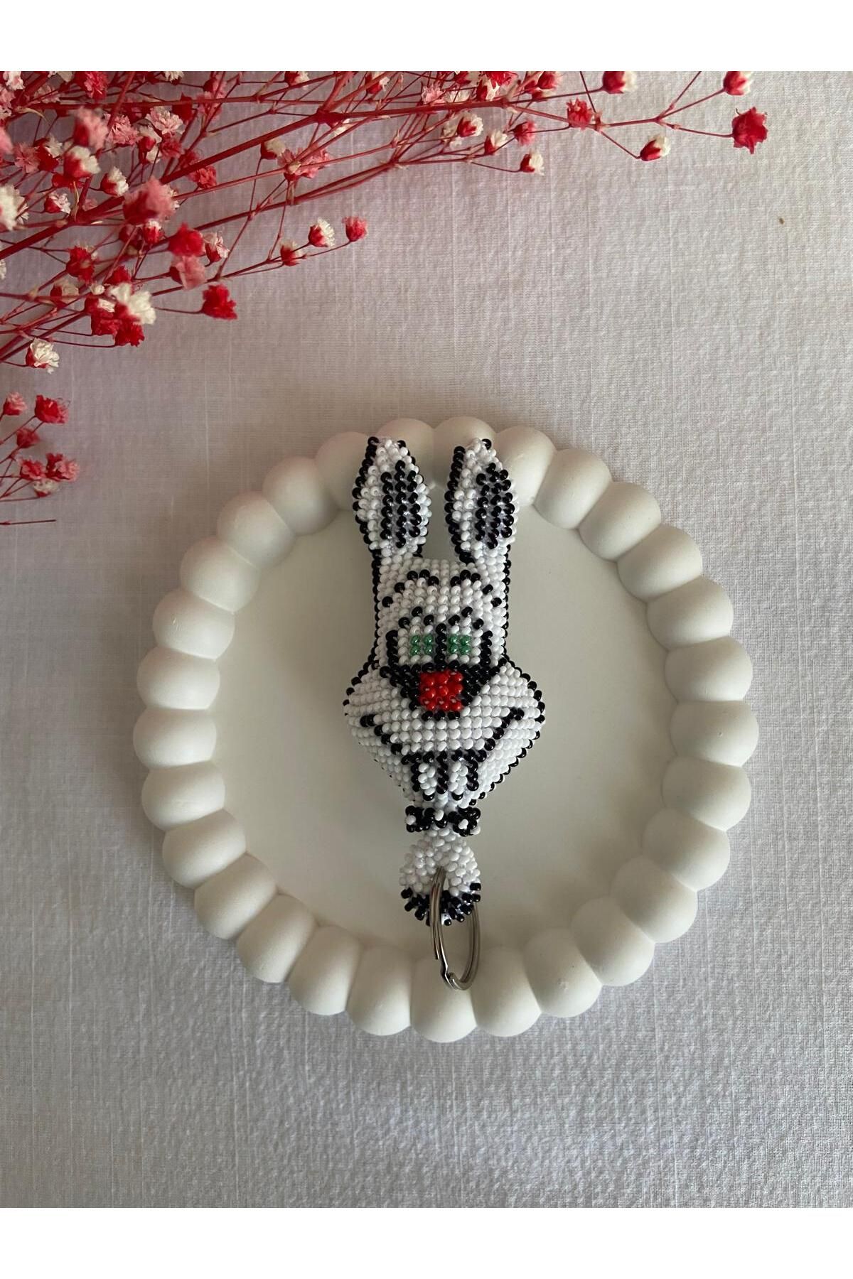 Handmade KUM BONCUK EL İŞİ BEYAZ TAVŞAN ANAHTARLIK