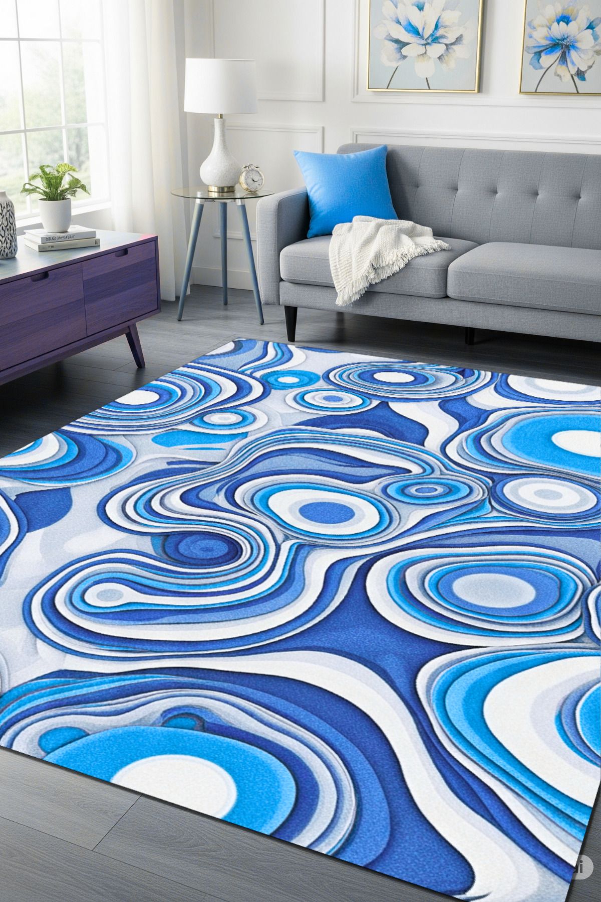 The Reef Design Soyut Desenli Mavi Halı Dijital Baskılı Dokuma Kaymaz Tabanlı Yıkanabilir Oturma Odası Halısı