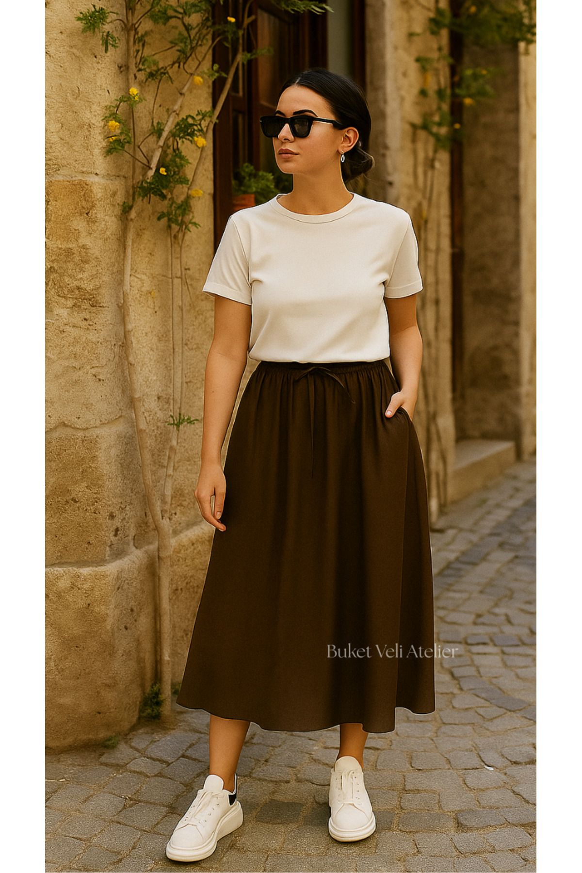 Buket Veli Atelier Keten Liyosel Kahverengi Uzun Yazlık Bol Büzgülü Etek Tesettür