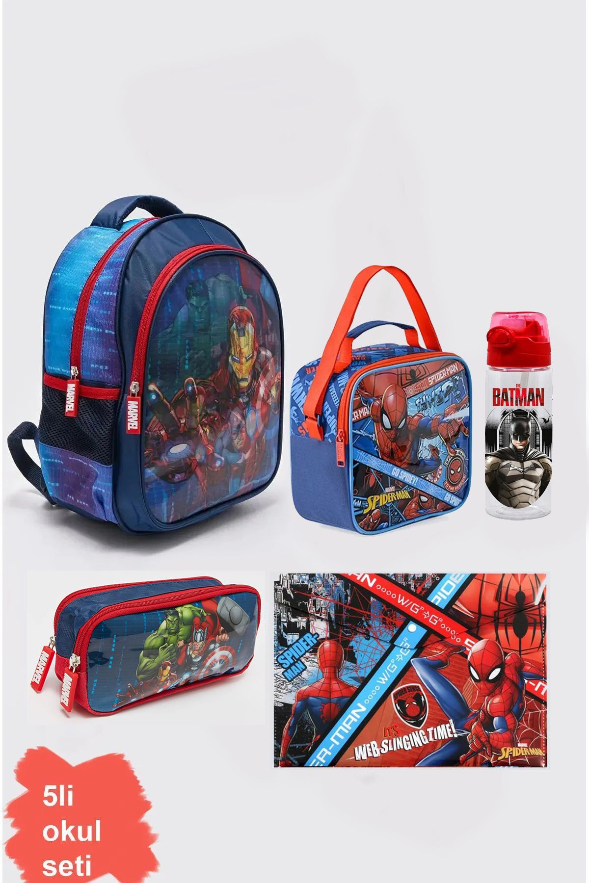 AVENGERS Süper Kahramanlar İlk Okul Çantası Seti Beslenme Çantası Suluk Kalemlik Dosya 5li Set