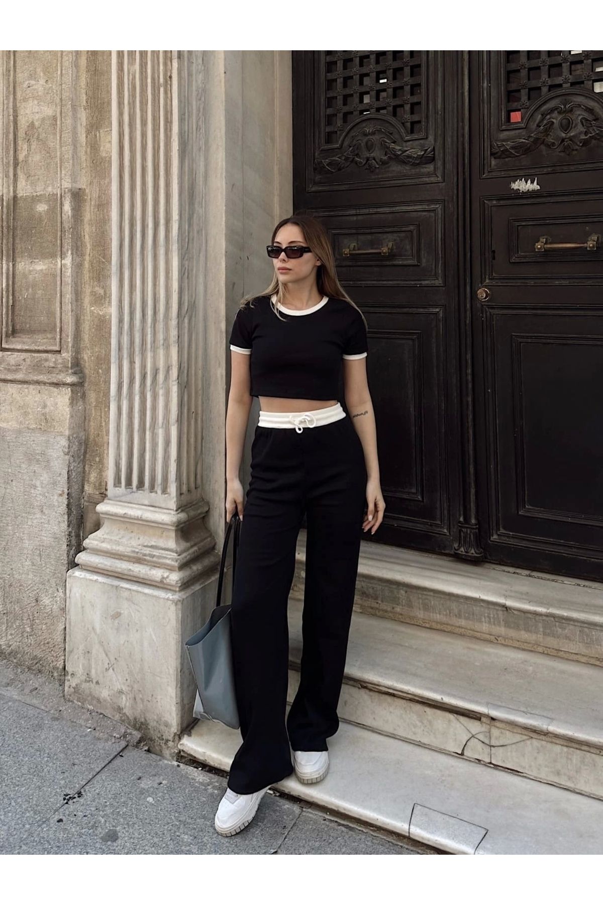 alluria Crop pantolon biyeli takım siyah