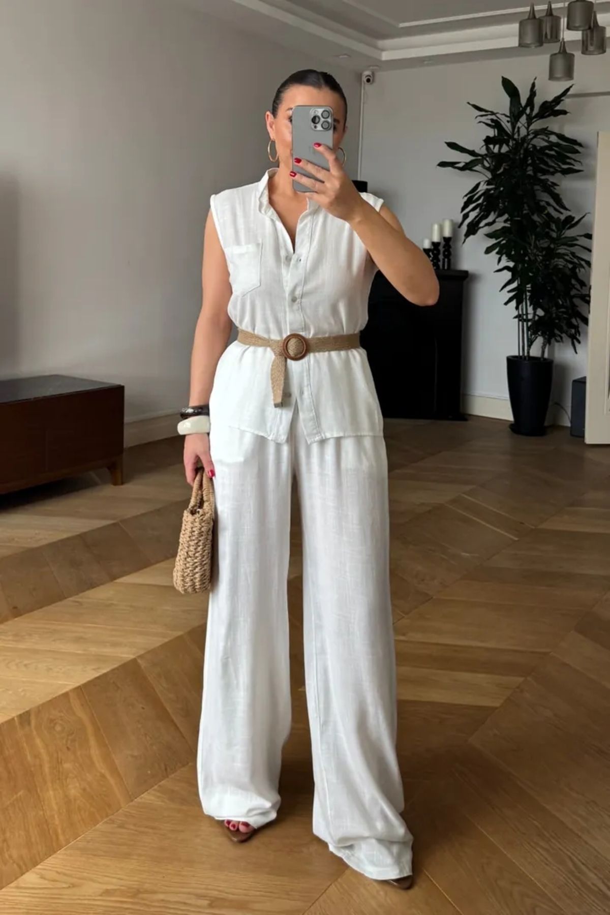 Tuba Butik Hakim Yaka Bluz Pantolon Keten Kadın Takım