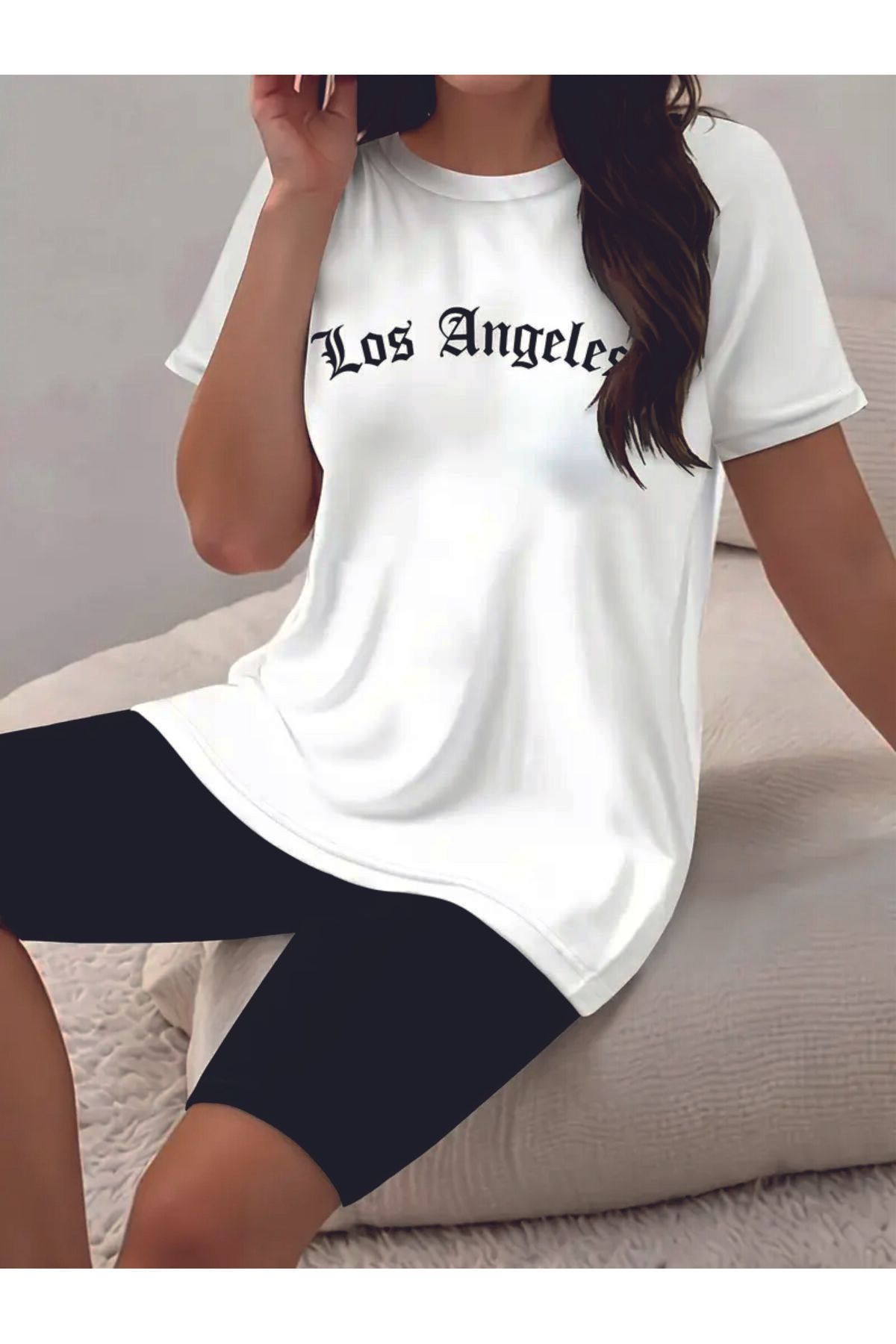 HOFFNUNG Unisex Erkek/Kadın Bisiklet Yaka LOS ANGELES baskılı Oversize T-Shirt