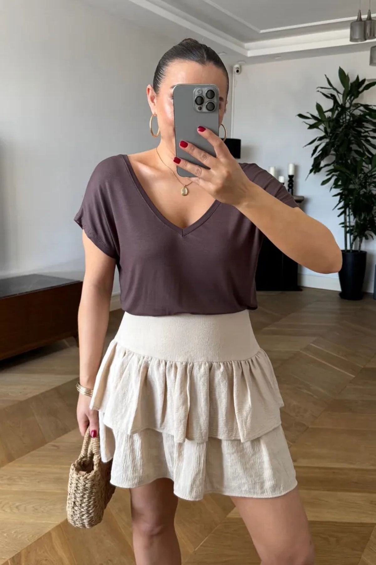 Tuba Butik Ön Arka V Kısa Kollu Kadın Tişört