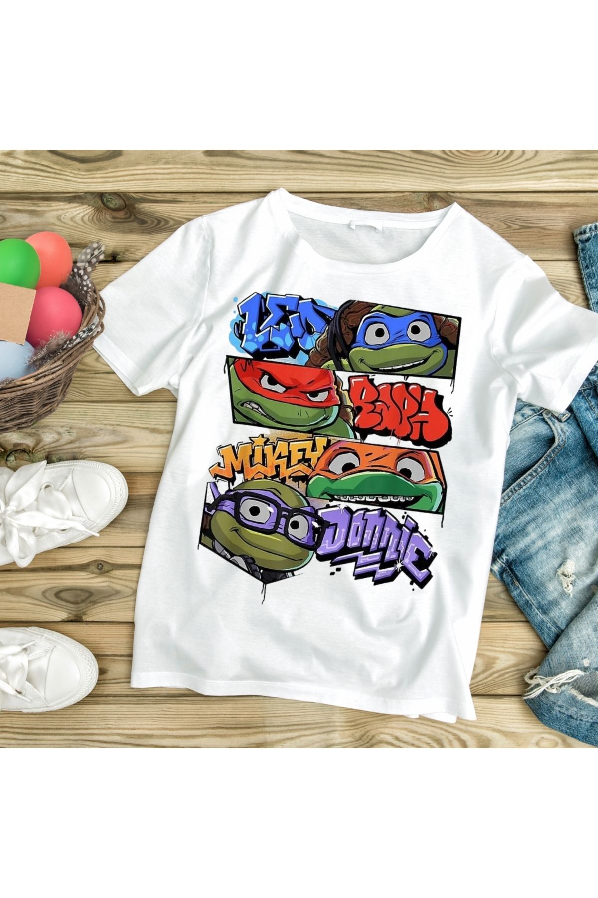 Viony Unisex Erkek/Kadın Ninja Kaplumbağalar Renkli Baskılı Oversize Pamuklu T-Shirt