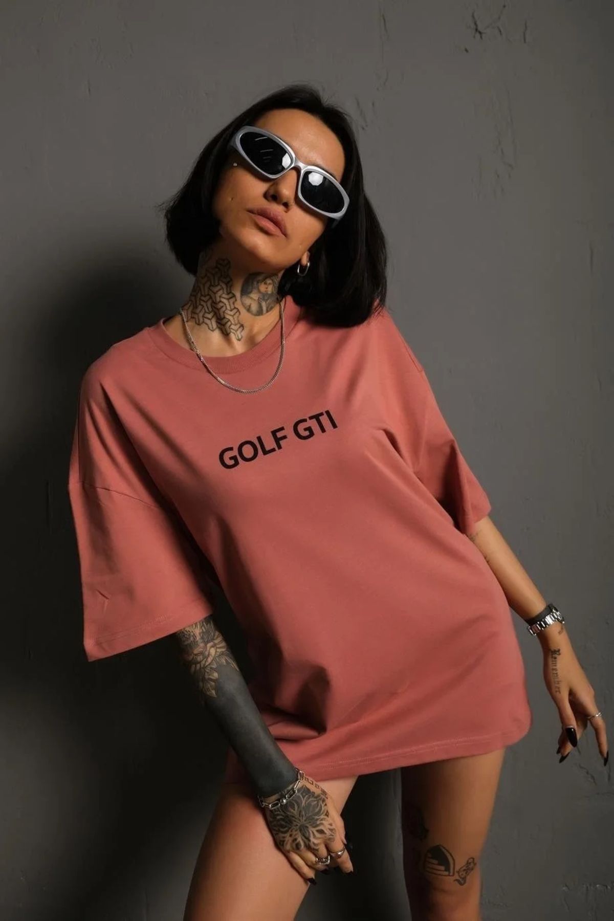 CVS GİYİM Kadın Sırt Golf Gtı Baskılı Oversize T-shirt - Gül Kurusu